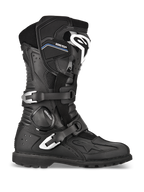 Alpinestars Toucan GORE-TEX Boots, Adventure Touring Motorcycle Boots, Black, profile view featuring dual silver aluminum buckles, GORE-TEX branding, reinforced shin guard with white logo, and rugged lugged sole