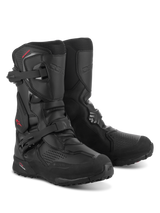 Alpinestars XT-8 GORE-TEX Boots, All-Black Adventure Enduro Motorcycle Boots, featuring dual buckle closure, reinforced shin and toe areas, aggressive lugged rubber outsole, and red Alpinestars logo on the side.