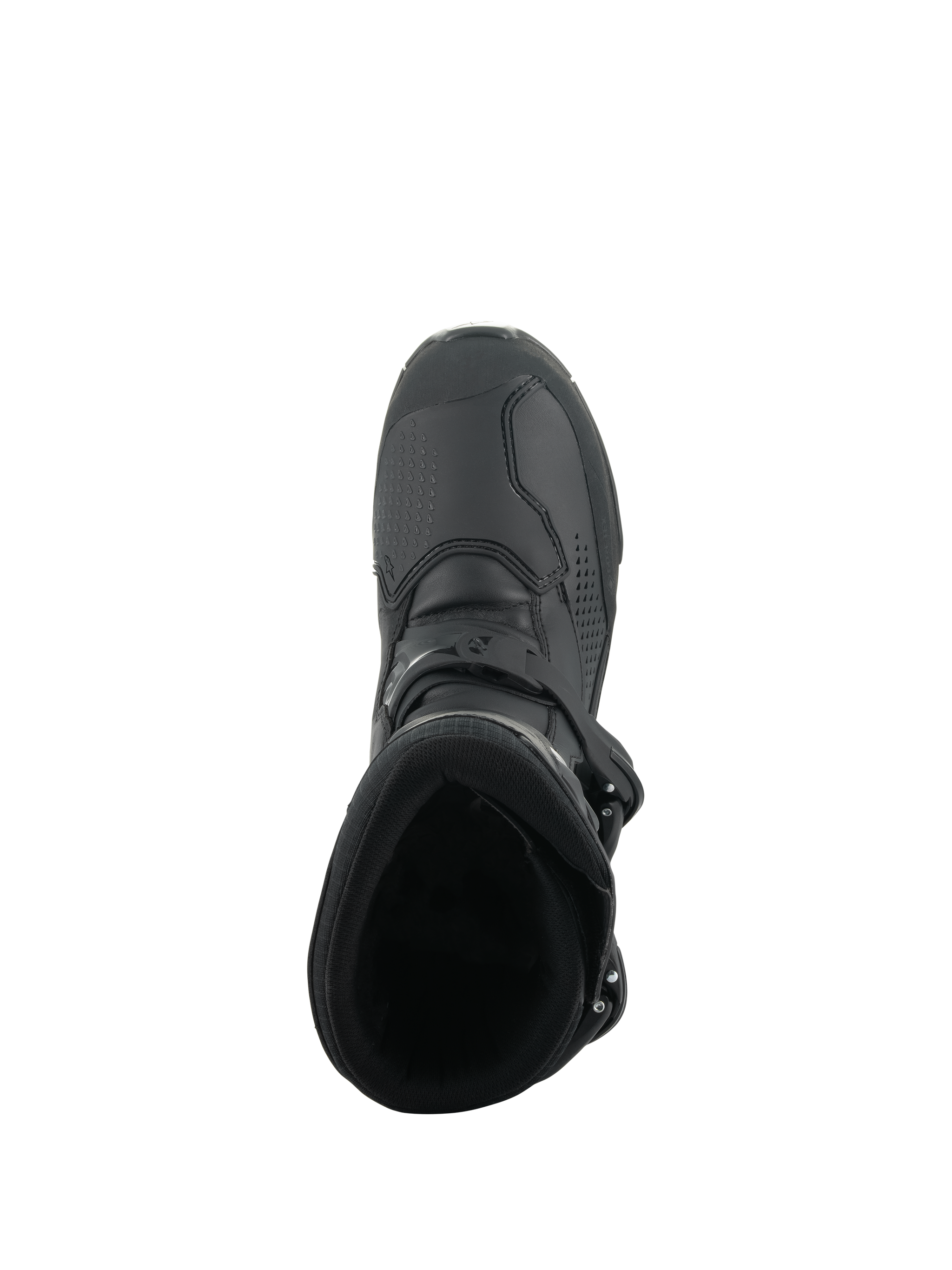 Alpinestars XT-8 GORE-TEX Boots, Adventure Enduro Motorcycle Boots, Black, top-down view showing the padded collar, interior opening, and secure buckle closure system.