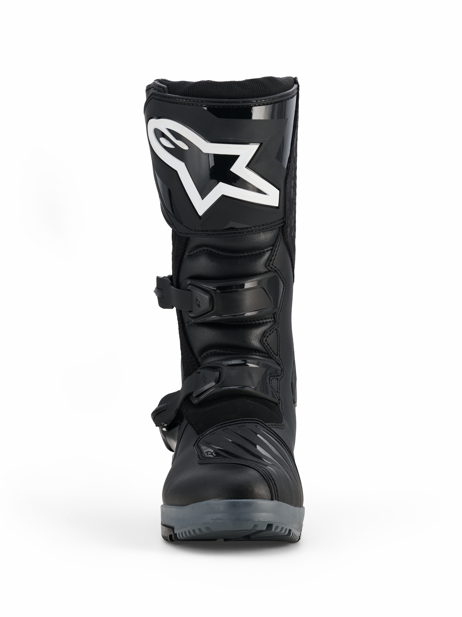 Alpinestars Corozal V2 Adventure Drystar® laarzen, zwart, vooraanzicht met het grote witte Alpinestars-logo op de scheenplaat, dubbel gespsluitingssysteem en een robuust beschermend ontwerp voor adventure-rijden.
