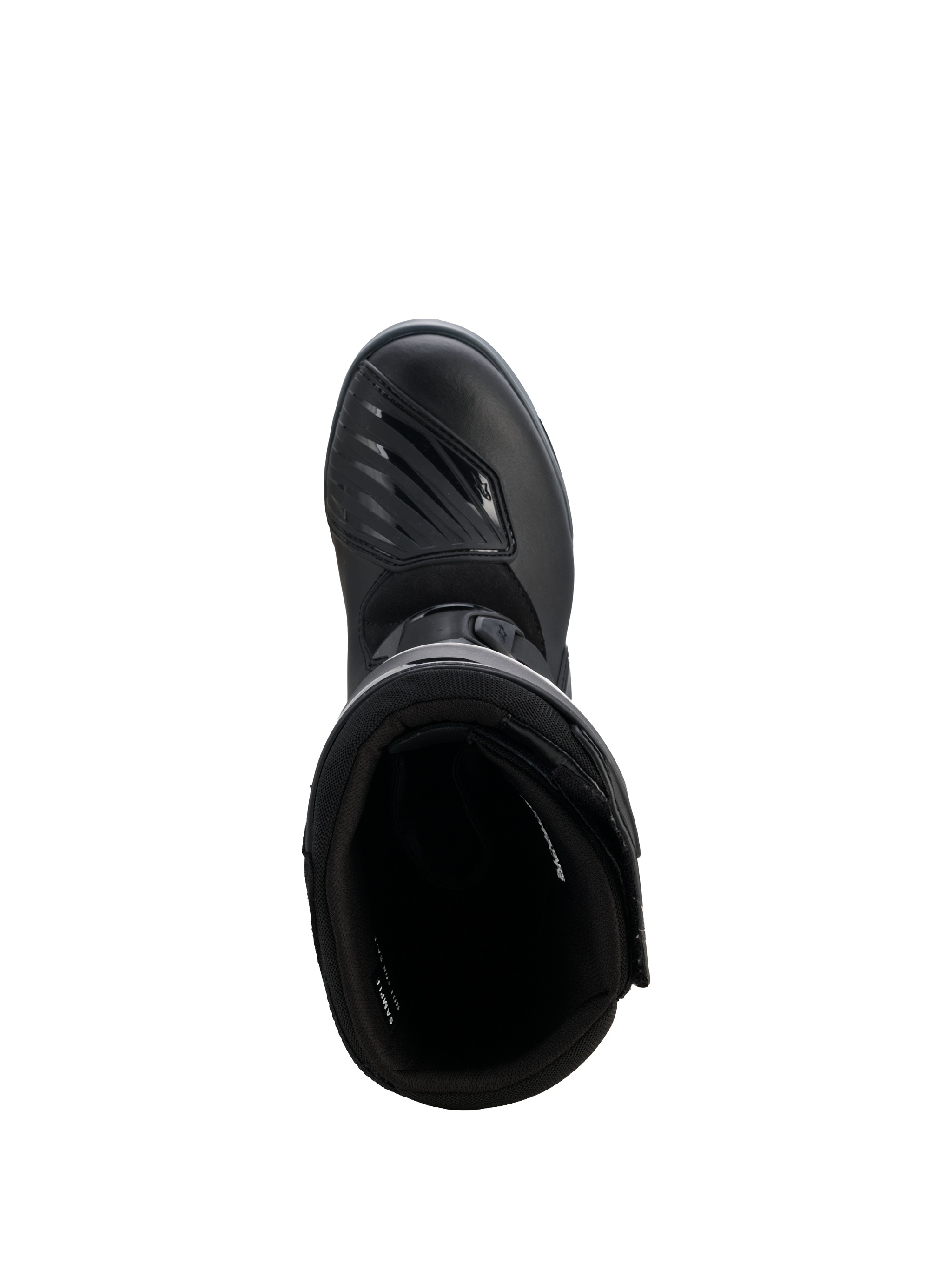 Alpinestars Corozal V2 Adventure Drystar® laarzen, zwart, bovenaanzicht met de gewatteerde binnenkant en getextureerde schakelpad op de neus, robuuste adventure motorlaarzen