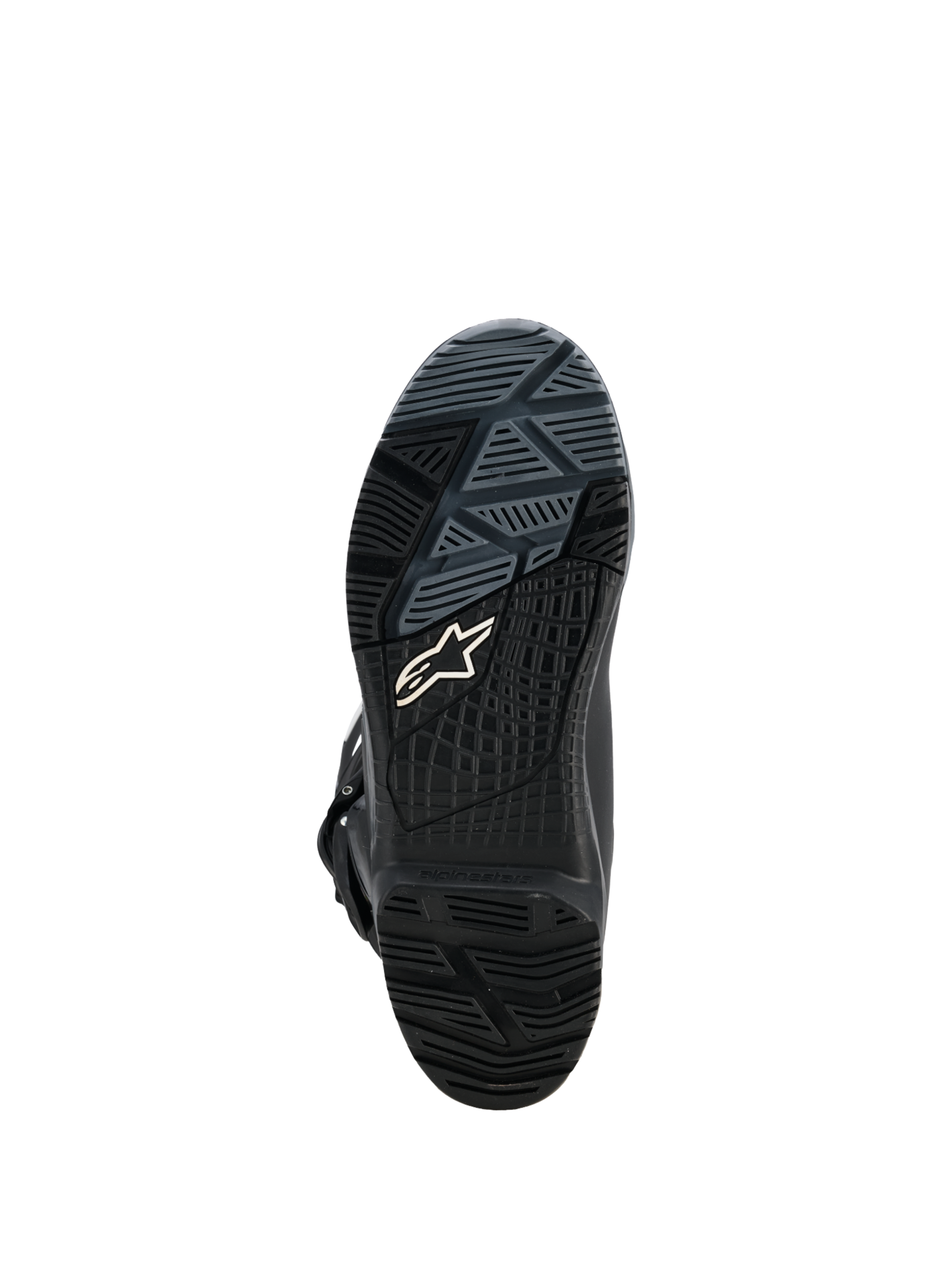 Alpinestars Corozal V2 Adventure Drystar®-laarzen, close-up van zwarte buitenzool van adventure-motorlaars met allterrain-rubberprofiel en Alpinestars-logo