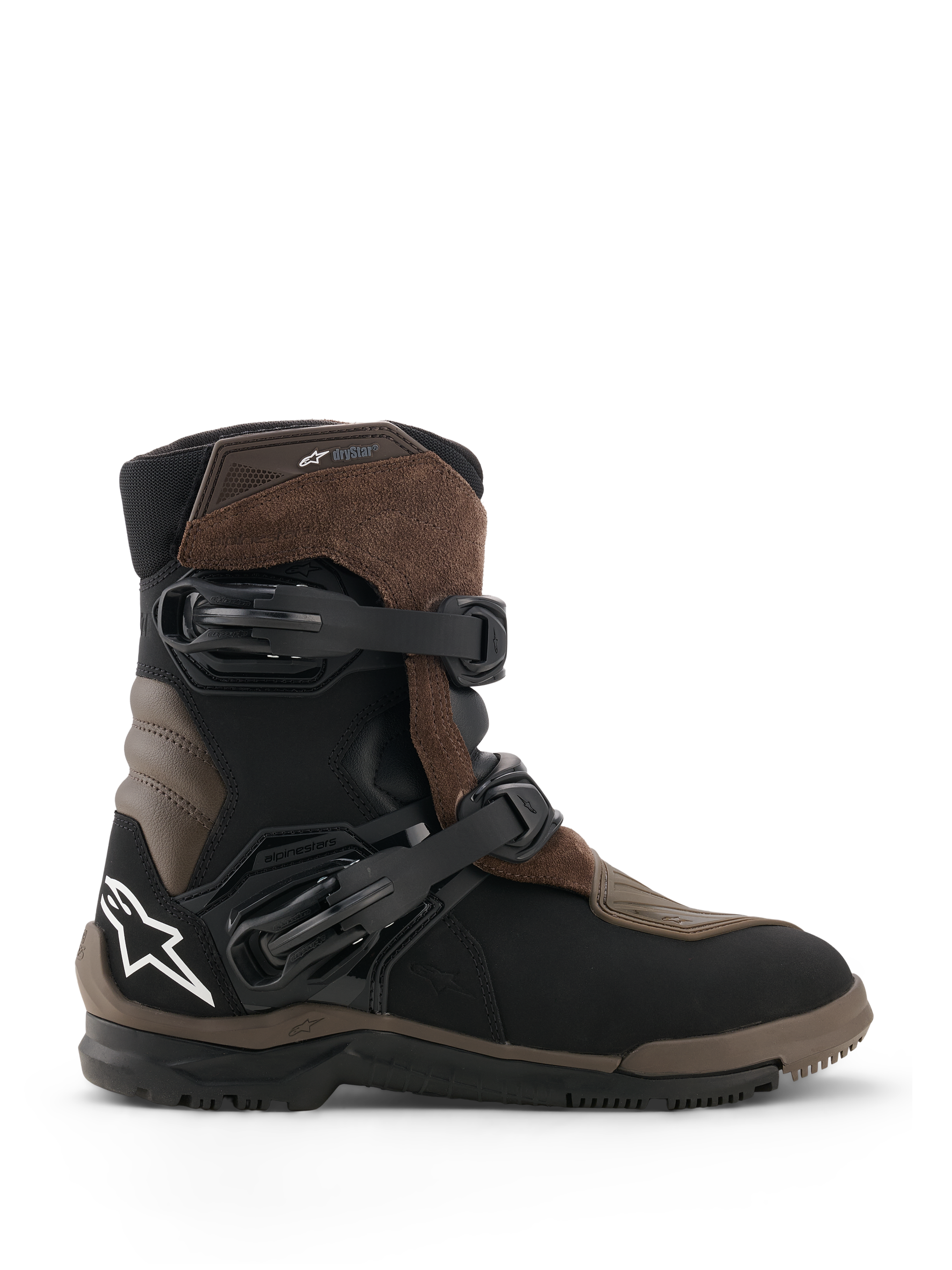 Alpinestars Belize V2 Drystar Boots, Motorcycle Adventure Touring Boots, Brown and Black, waterproof suede and leather construction, two adjustable quick-release buckles, textured vulcanized rubber off-road sole, featuring white star logo on the heel