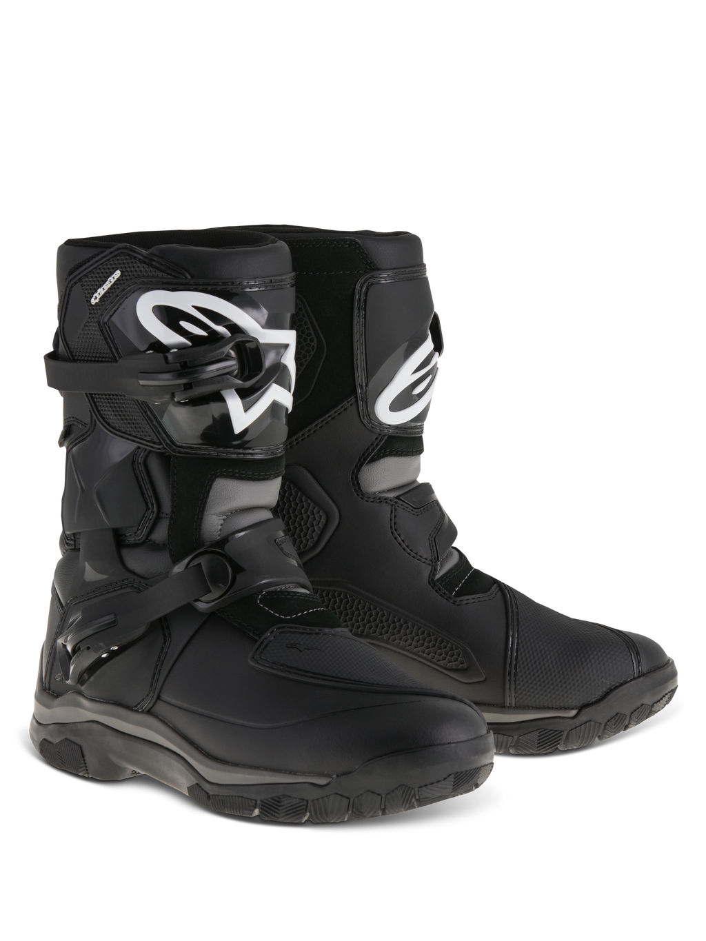 Alpinestars Belize Drystar® Stiefel, Adventure-Touring-Motorradstiefel, Schwarz, niedrig geschnittenes Design mit zweifachem Schnallenverschlusssystem, TPU-Schienbeinplatte mit weißem Alpinestars-Logo, robuste vulkanisierte Gummiaußensohle für Trail- und Straßeneinsatz