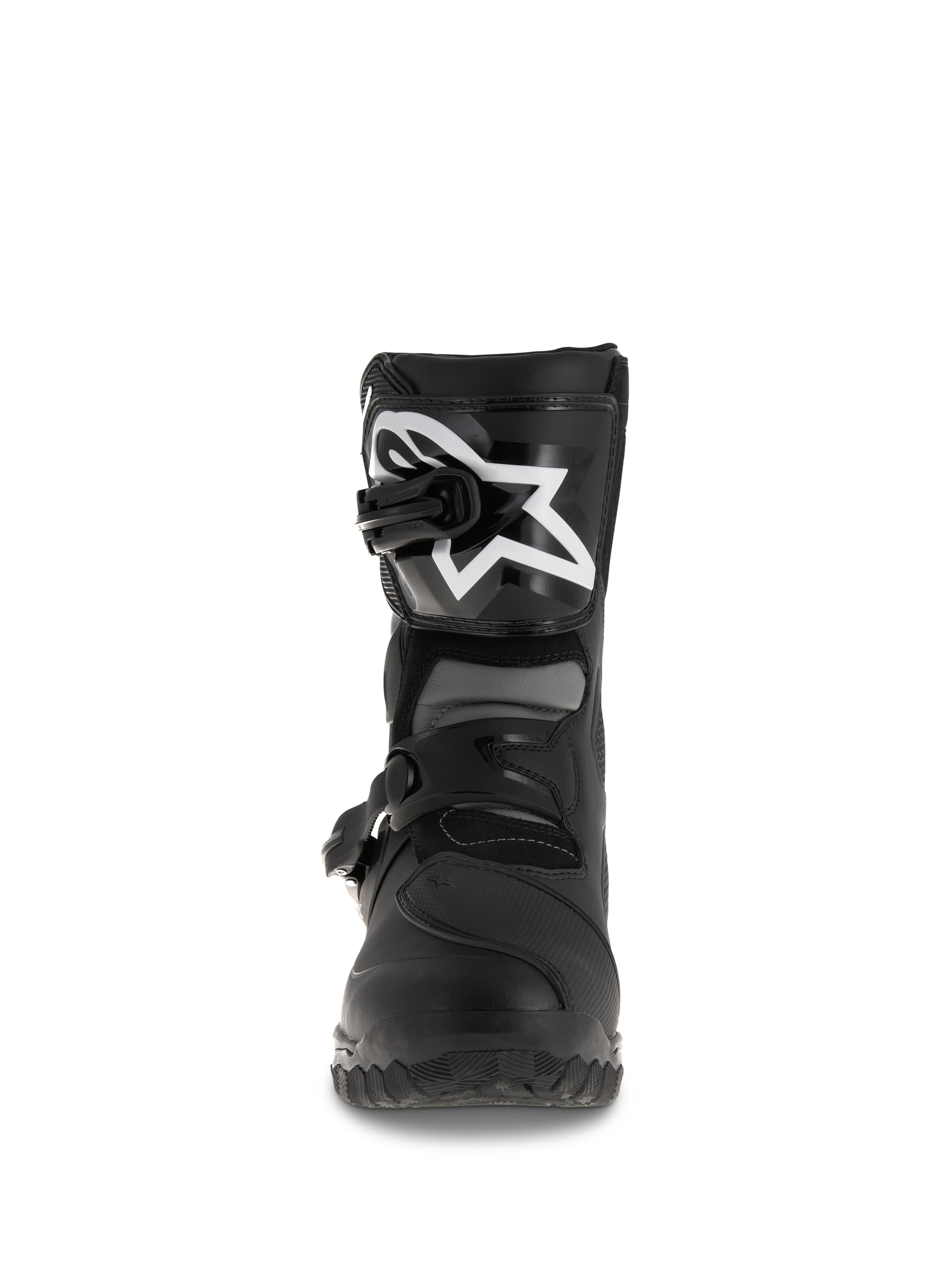 Alpinestars Belize Drystar® Stiefel, Adventure-Touring-Motorradstiefel, Schwarz, Vorderansicht mit TPU-Schienbeinplatte und großem weißen Logo, duales Schnallenverschlusssystem, robuste vulkanisierte Außensohle