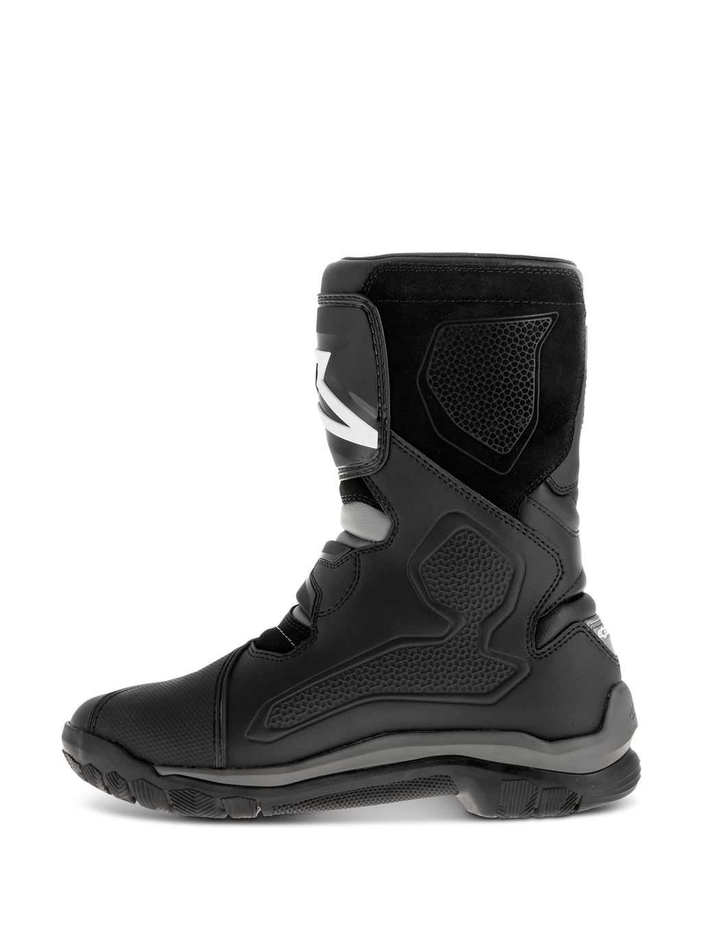 Alpinestars Belize Drystar® Stiefel, schwarze Motorradstiefel, Seitenansicht mit Lederkonstruktion, TPU-Schutzpaneelen, Wildledertextur und einer robusten vulkanisierten Gummisohle für Adventure-Touring