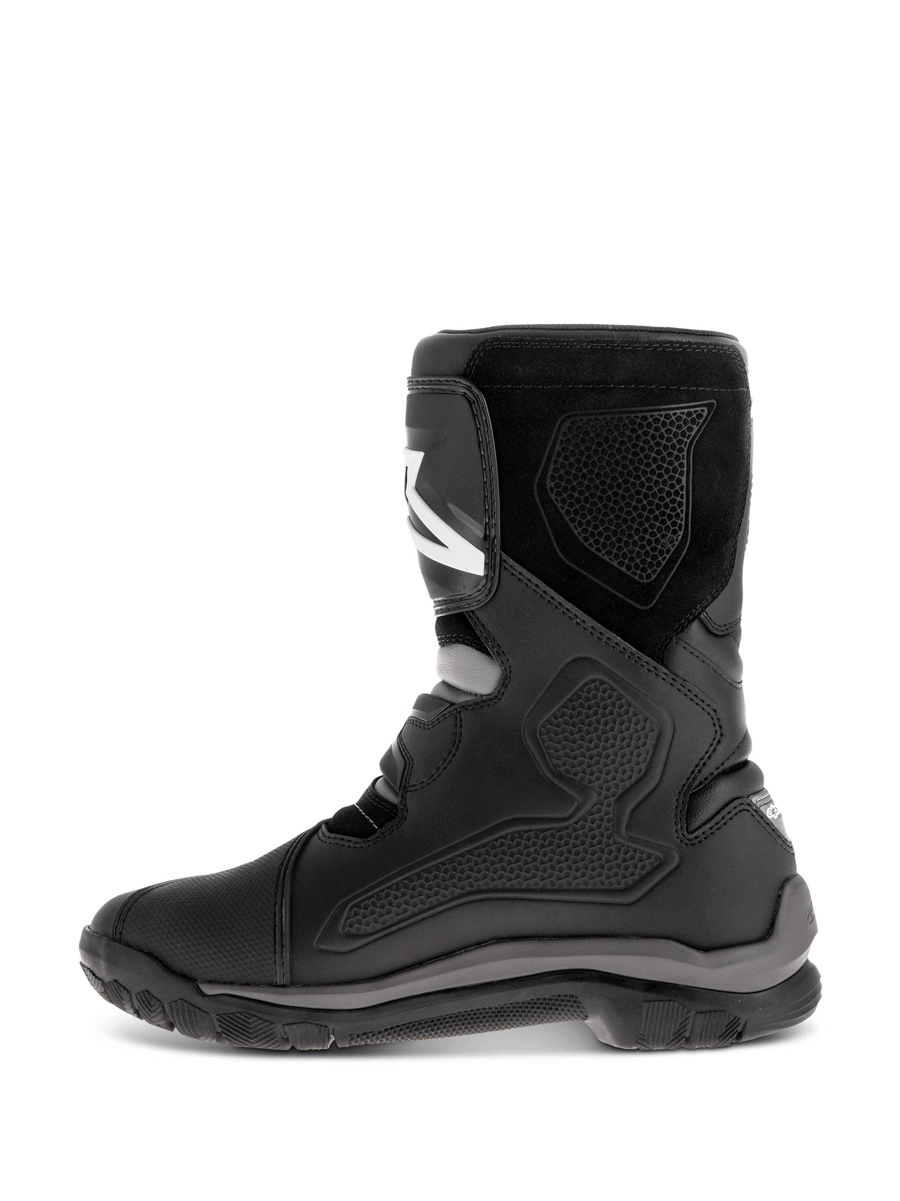 Alpinestars Belize Drystar® Stiefel, schwarze Motorradstiefel, Seitenansicht mit Lederkonstruktion, TPU-Schutzpaneelen, Wildledertextur und einer robusten vulkanisierten Gummisohle für Adventure-Touring