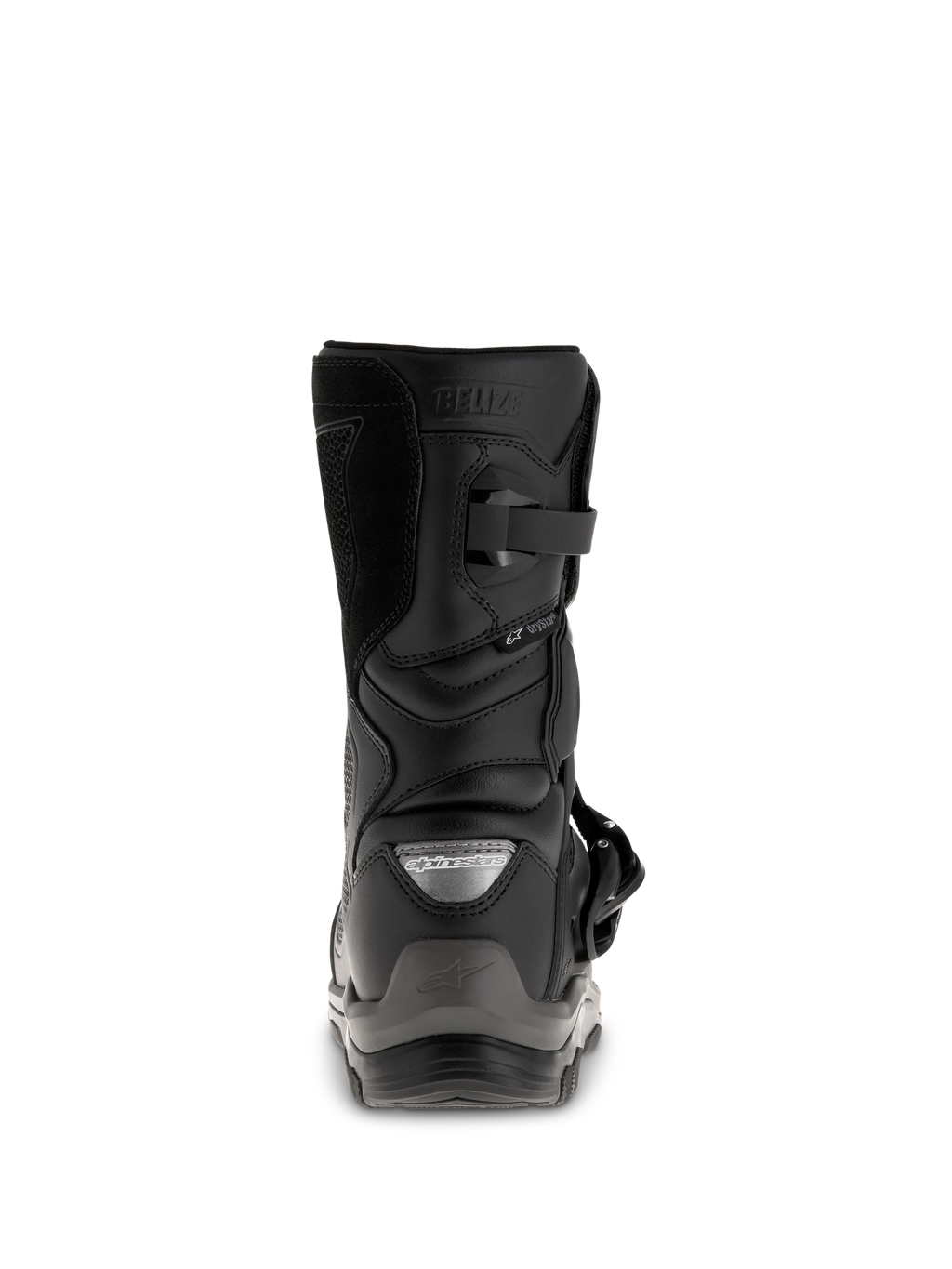Alpinestars Belize Drystar® Stiefel, schwarze Adventure-Touring-Motorradstiefel, Rückansicht mit Fersenkappe, Schnallenverschluss und wasserdichtem Drystar®-Branding.