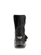 Alpinestars Belize Drystar® Stiefel, schwarze Adventure-Touring-Motorradstiefel, Rückansicht mit Fersenkappe, Schnallenverschluss und wasserdichtem Drystar®-Branding.