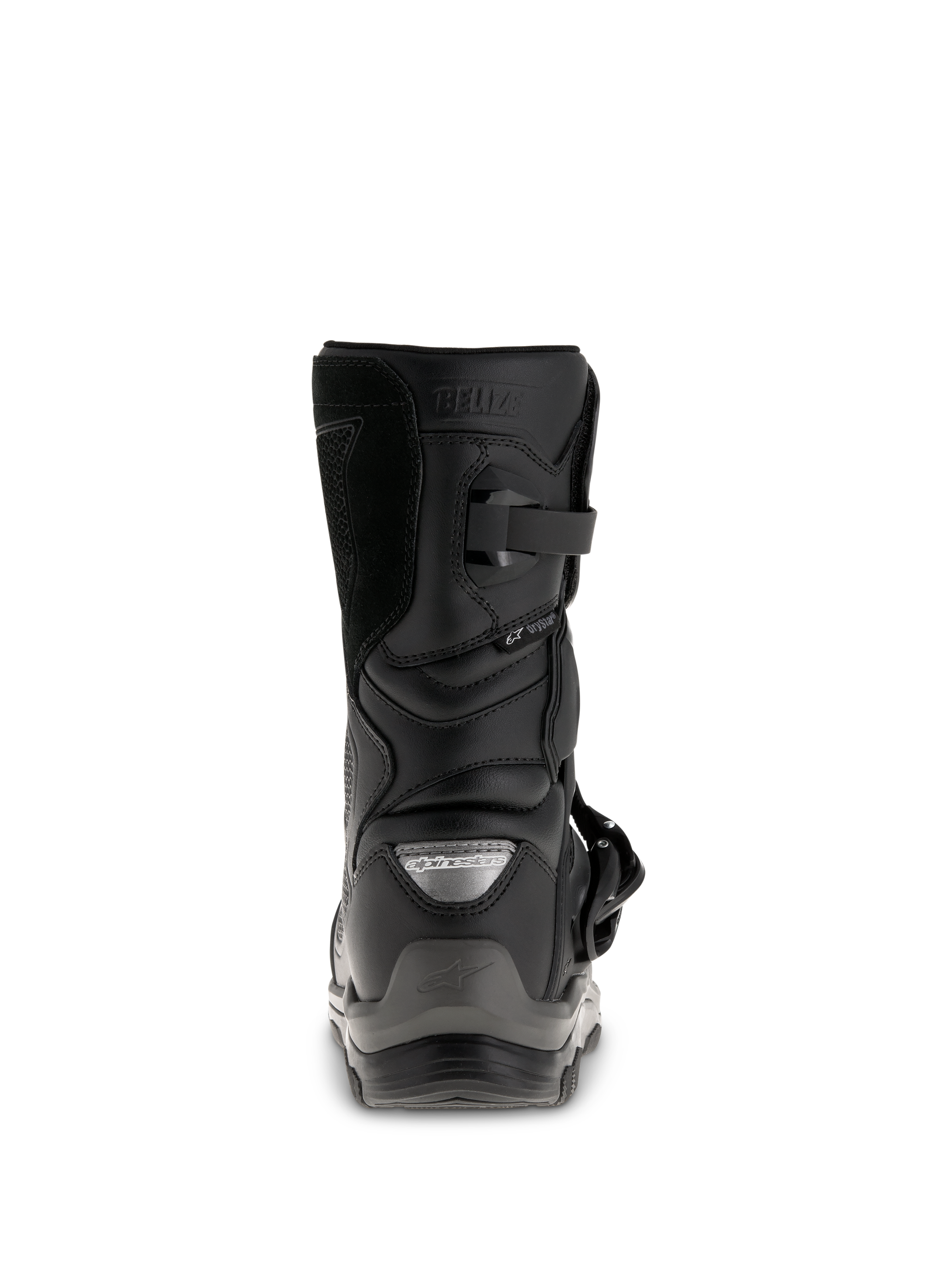 Alpinestars Belize Drystar® Stiefel, schwarze Adventure-Touring-Motorradstiefel, Rückansicht mit Fersenkappe, Schnallenverschluss und wasserdichtem Drystar®-Branding.
