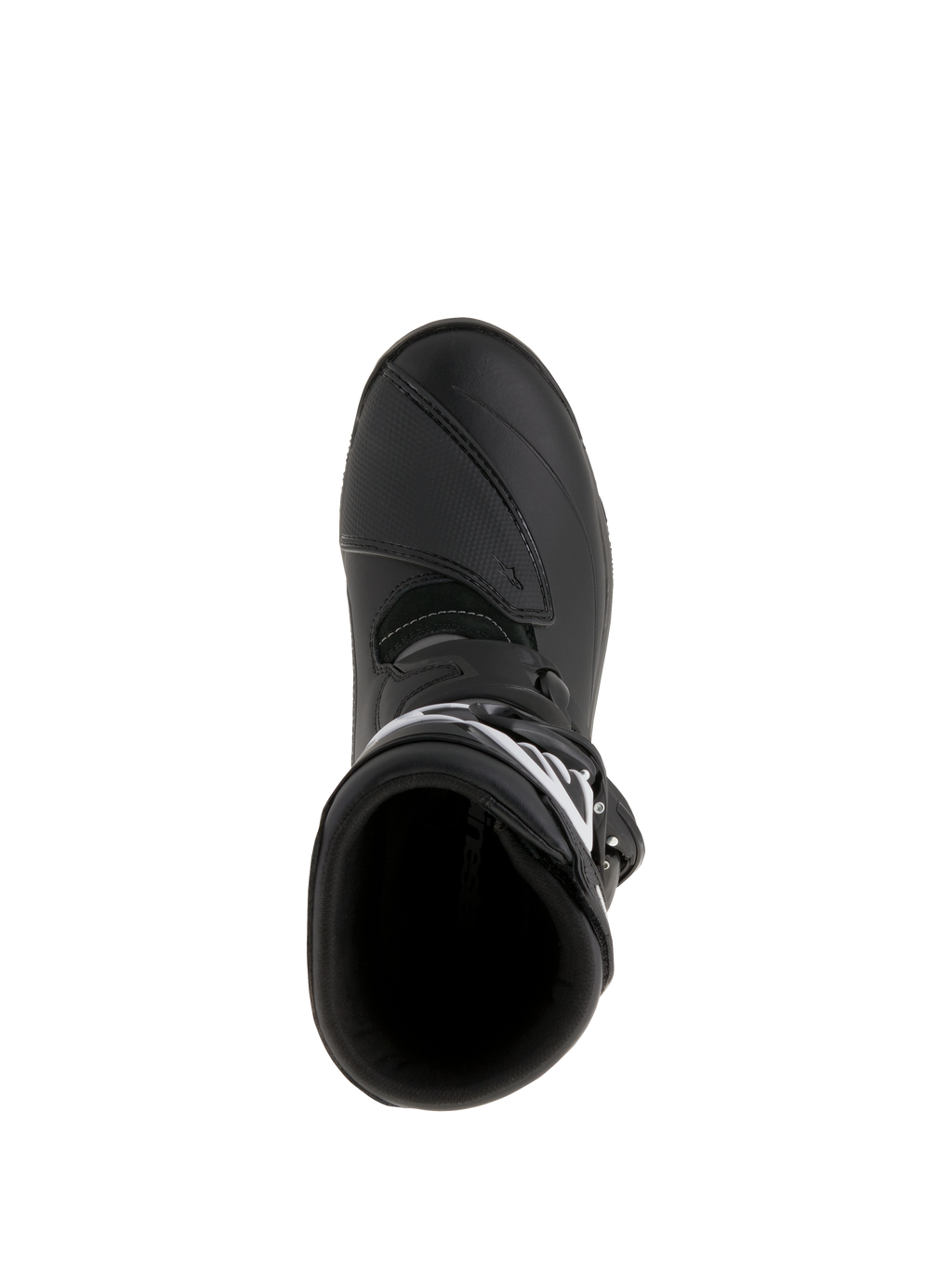 Alpinestars Belize Drystar® Stiefel, Adventure-Touring-Motorradstiefel, Schwarz, Draufsicht mit Blick auf die Einstiegsöffnung und das verstärkte Schaltpad, wasserdichte Leder- und Mikrofaser-Konstruktion