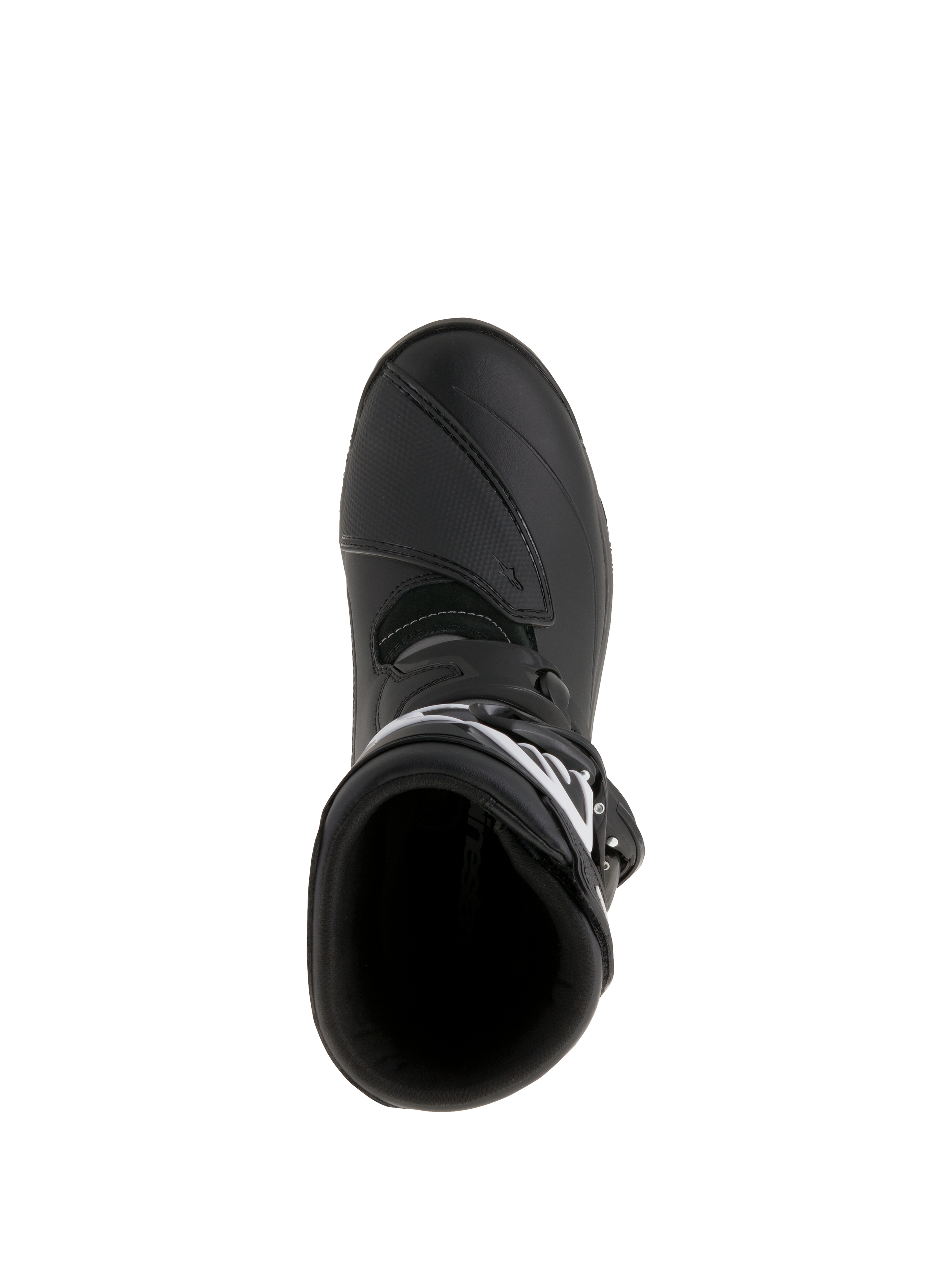 Alpinestars Belize Drystar® Stiefel, Adventure-Touring-Motorradstiefel, Schwarz, Draufsicht mit Blick auf die Einstiegsöffnung und das verstärkte Schaltpad, wasserdichte Leder- und Mikrofaser-Konstruktion