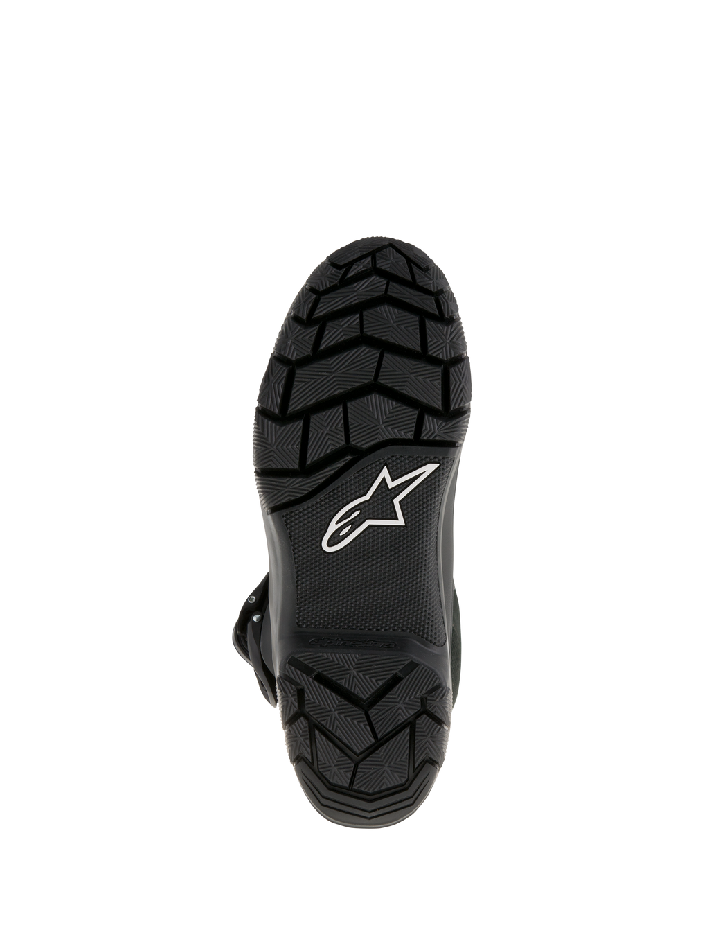 Alpinestars Belize Drystar® Stiefel, Adventure-Touring-Motorradstiefel, Unteransicht der schwarzen vulkanisierten Gummisohle mit grobstolligem Profil für überlegenen Grip und weißem Alpinestars-Sternlogo