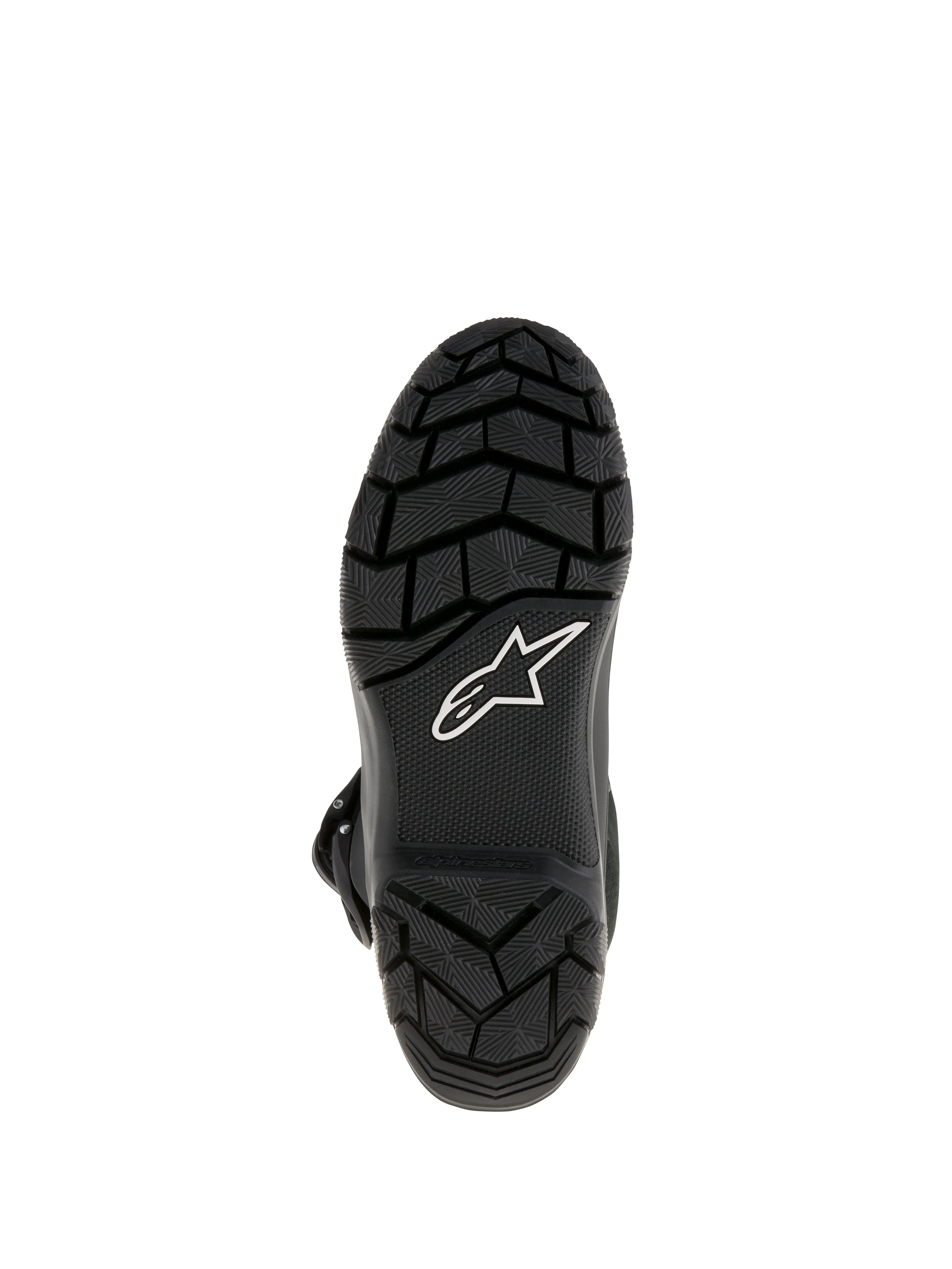 Alpinestars Belize Drystar® Stiefel, Adventure-Touring-Motorradstiefel, Unteransicht der schwarzen vulkanisierten Gummisohle mit grobstolligem Profil für überlegenen Grip und weißem Alpinestars-Sternlogo