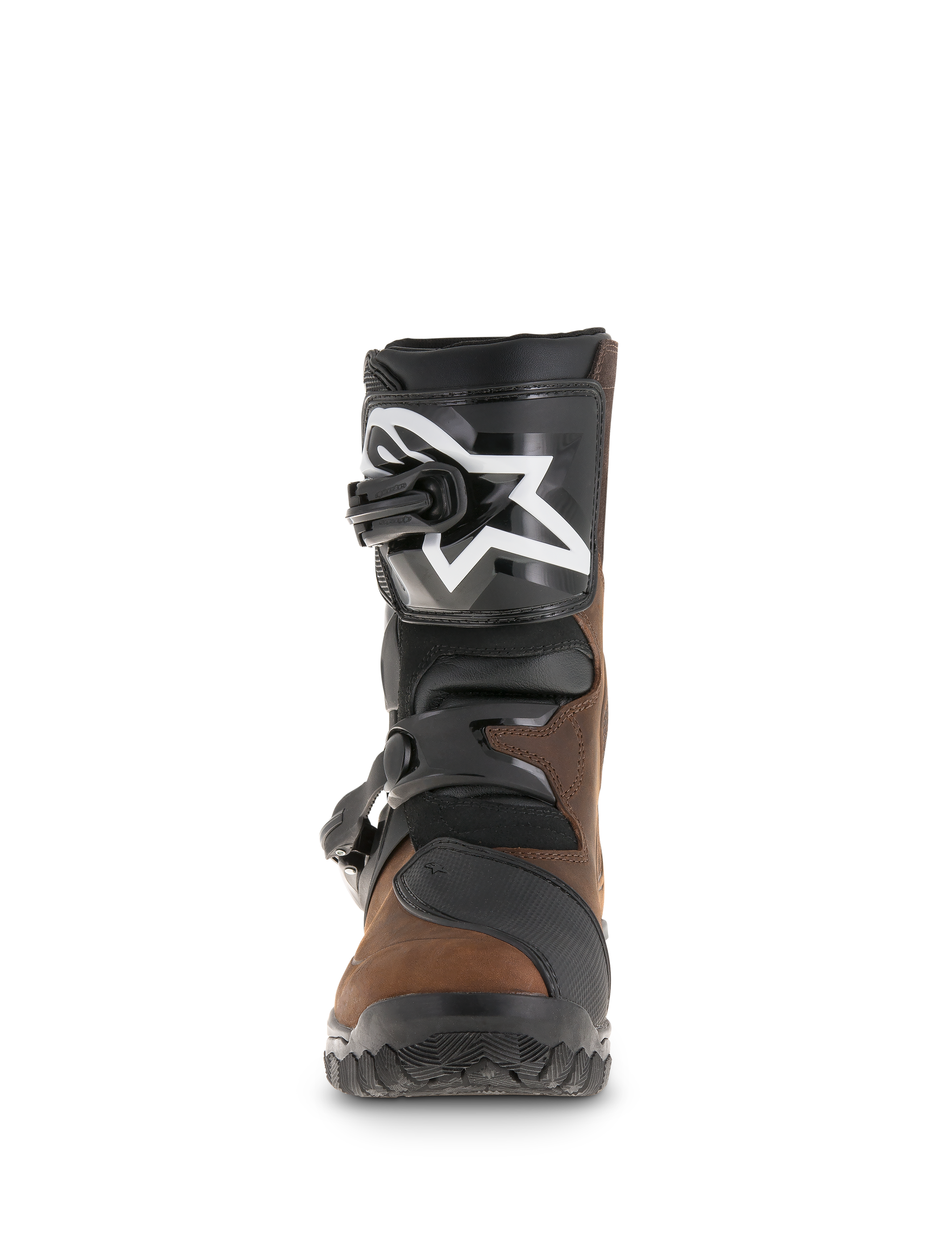 Alpinestars Belize Drystar® Stiefel, Adventure-Tourenstiefel, Braun (geölt) und Schwarz, Vorderansicht mit TPU-Schienbeinplatte und weißem Stern-Logo, dualem Schnallenverschlusssystem und robuster profilierter Sohle