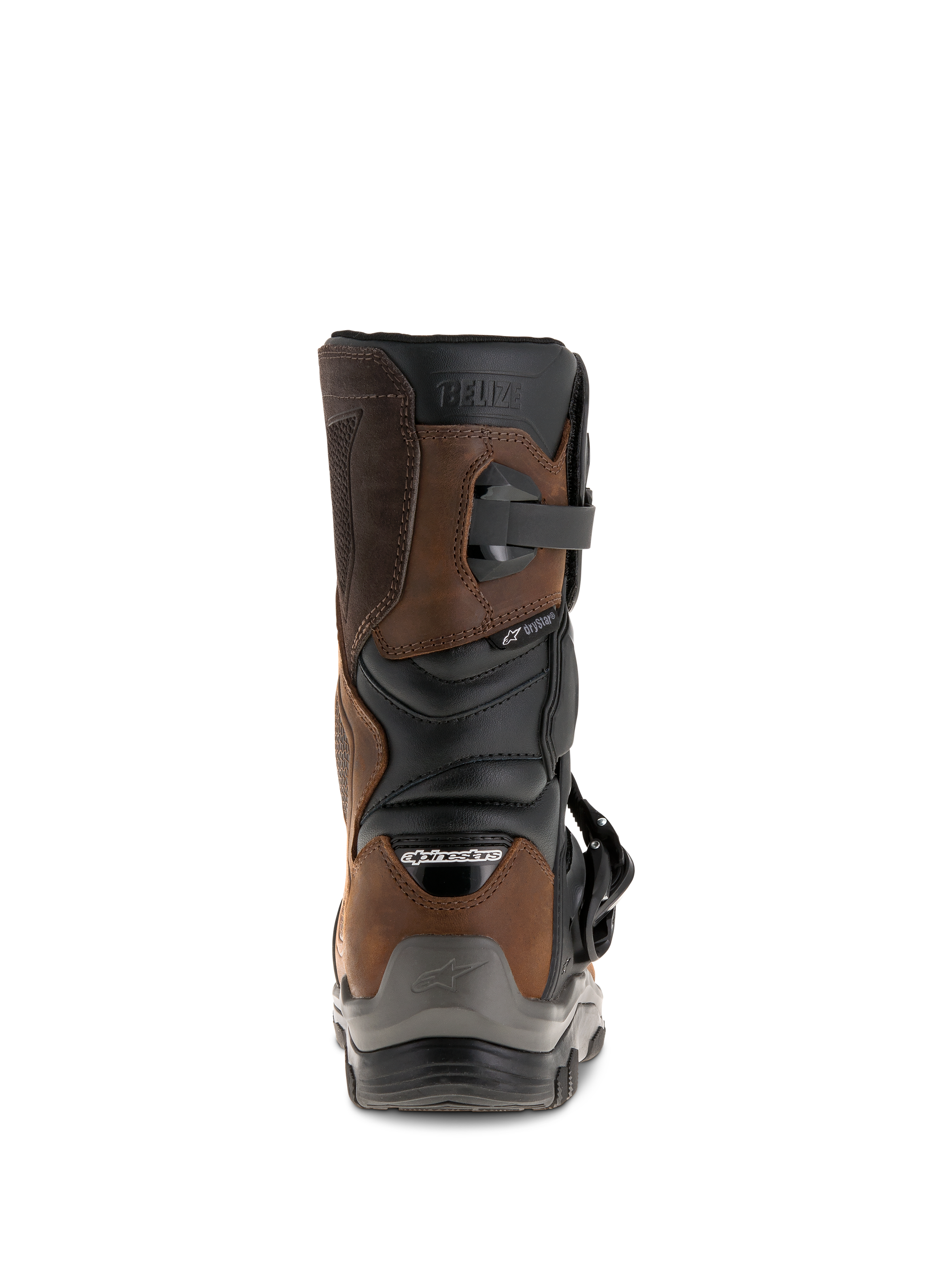 Alpinestars Belize Drystar® Stiefel, Rückansicht, Geöltes Braun und Schwarz, wasserdichte Adventure-Touring-Motorradstiefel mit kurzem Schaftdesign, geprägtem „BELIZE“-Logo und robustem Fersenschutz.