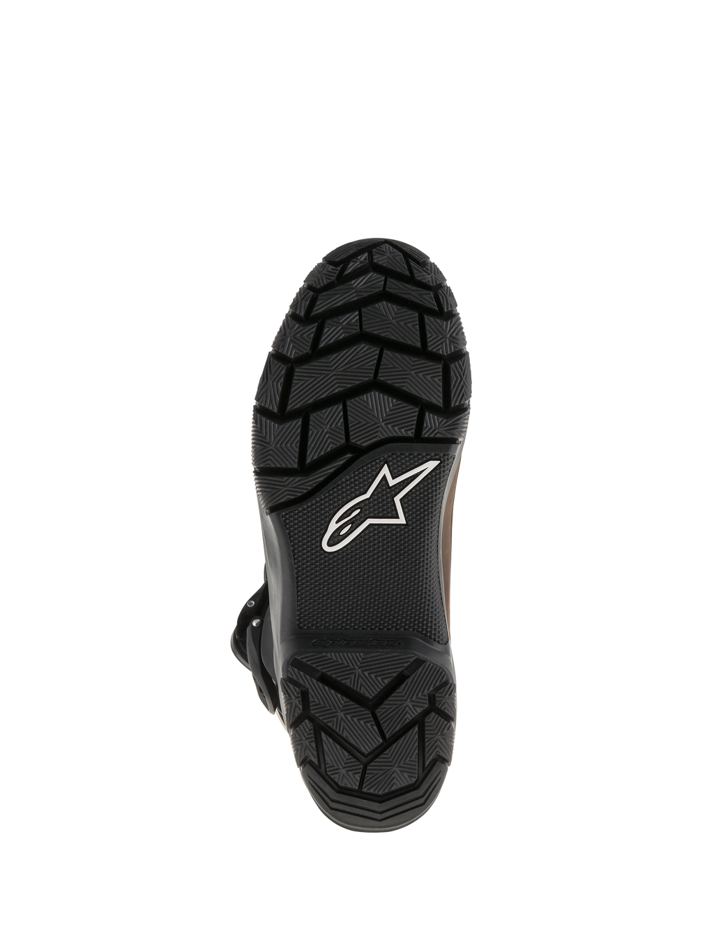 Alpinestars Belize Drystar® Stiefel, schwarze vulkanisierte Gummilaufsohle mit robustem, strukturiertem Profil, weißes Alpinestars-Sternlogo, strapazierfähiges Grip-Design für Adventure-Touring