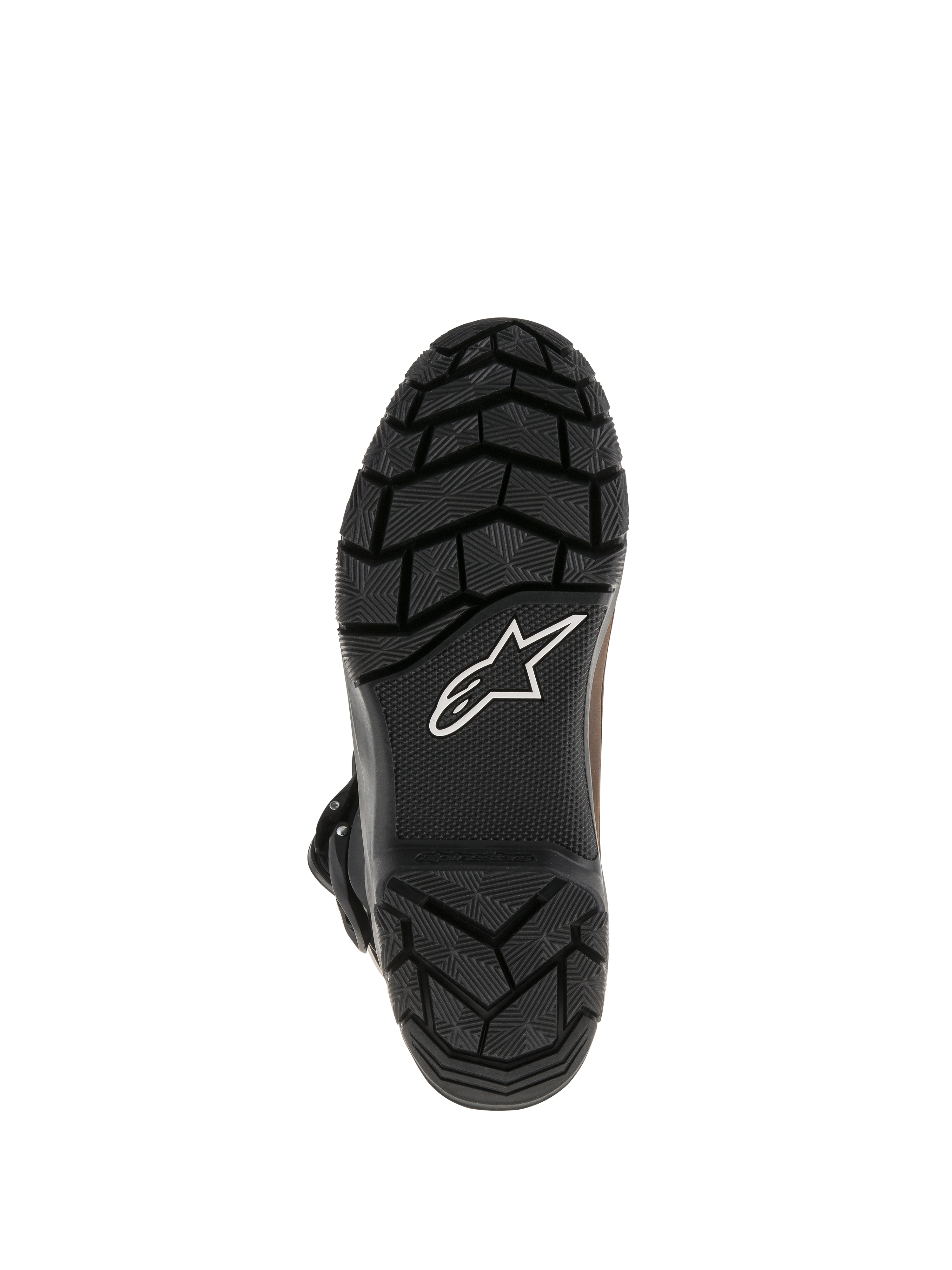 Alpinestars Belize Drystar® Stiefel, schwarze vulkanisierte Gummilaufsohle mit robustem, strukturiertem Profil, weißes Alpinestars-Sternlogo, strapazierfähiges Grip-Design für Adventure-Touring