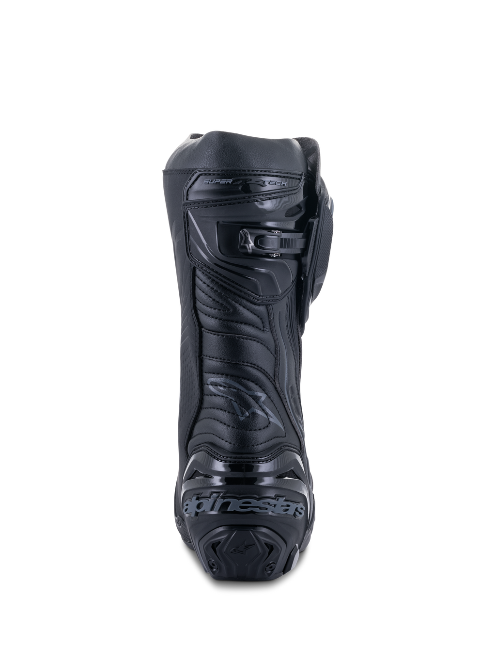 Alpinestars Supertech R Boots, Black Black, rear view showing reinforced heel plate with branding, micro-adjustable ratchet calf closure, and flexible Achilles zone, professional racing motorcycle footwear
