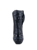 Alpinestars Supertech R Boots, Black Black, rear view showing reinforced heel plate with branding, micro-adjustable ratchet calf closure, and flexible Achilles zone, professional racing motorcycle footwear