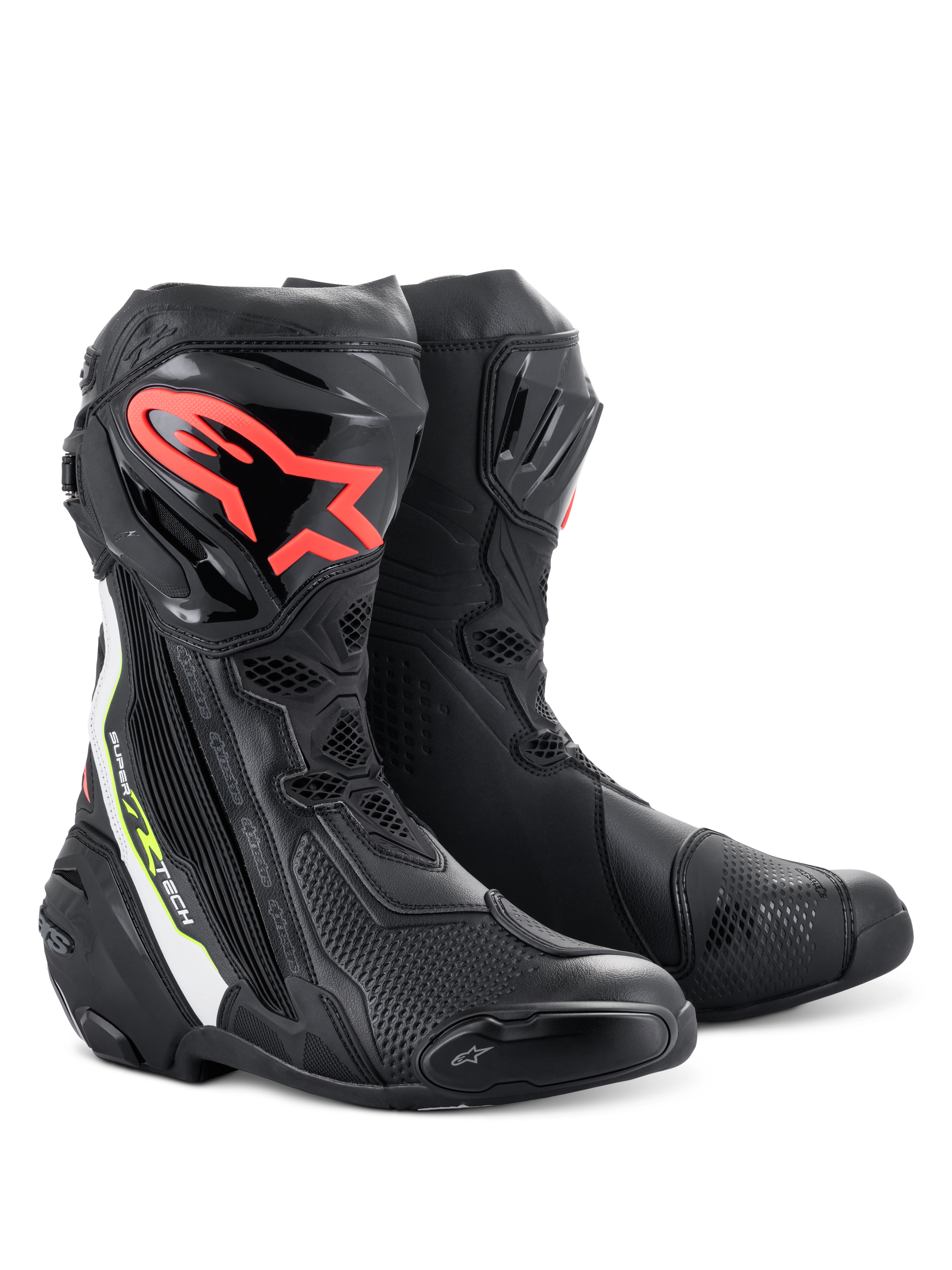 Alpinestars Supertech R Stiefel, Performance-Motorradrennstiefel, Schwarz mit rotem Alpinestars-Logo auf dem Schienbein, weiße und fluoreszierend gelbe Akzente, technische Mikrofaser-Konstruktion, schützende TPU-Schienbeinplatten