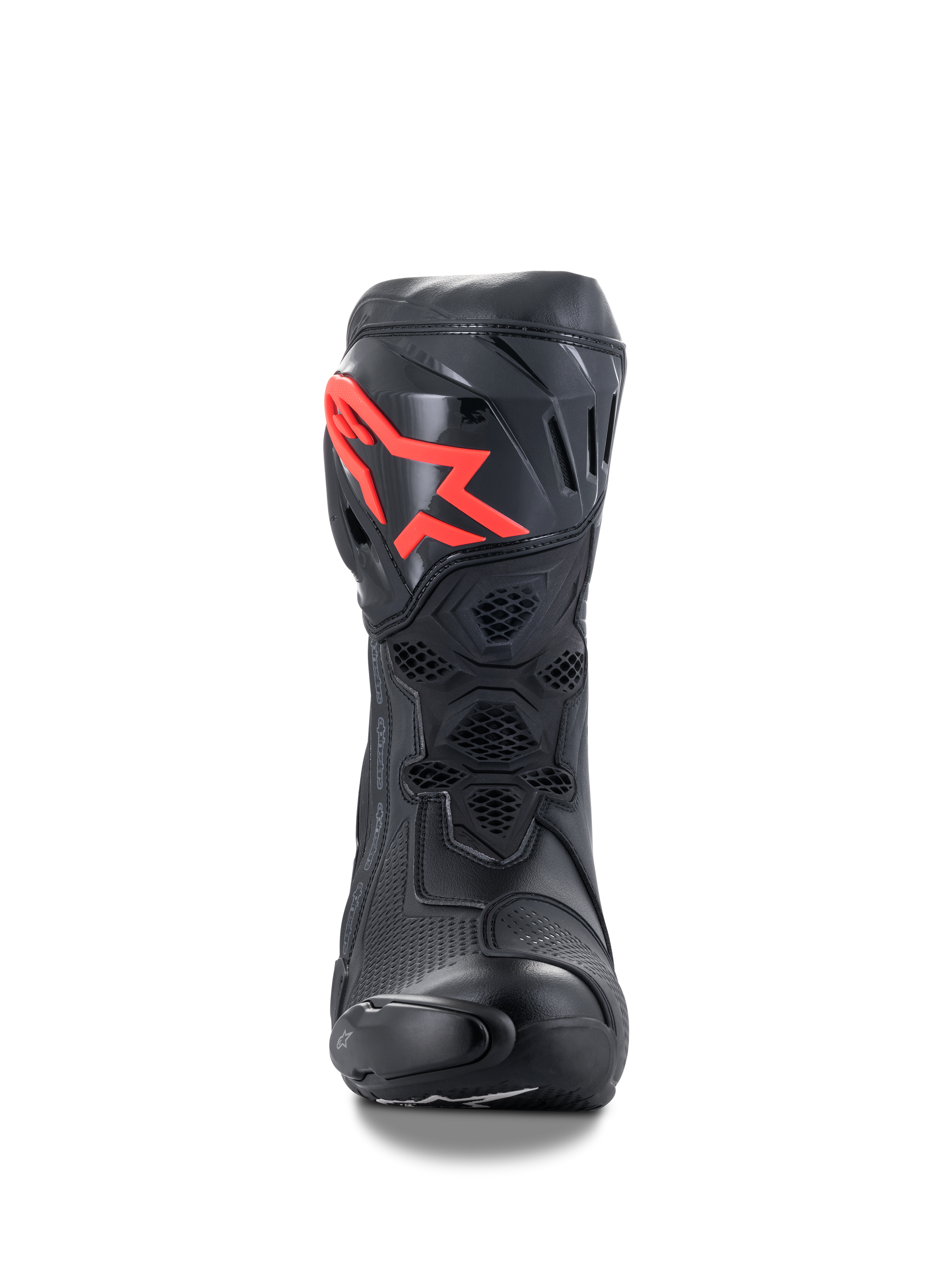 Alpinestars Supertech R Stiefel, Performance-Rennmotorradstiefel, Schwarz mit rotem Logo, Vorderansicht mit schützender TPU-Schienbeinplatte, Wabenmesh-Belüftung und aerodynamischem Renndesign