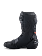 Alpinestars Supertech R Stiefel, Hochleistungs-Motorrad-Rennstiefel, elegantes, komplett schwarzes Design mit rotem Logo-Detail, Seitenprofil mit verstärkter Ferse und TPU-Schutzpaneelen