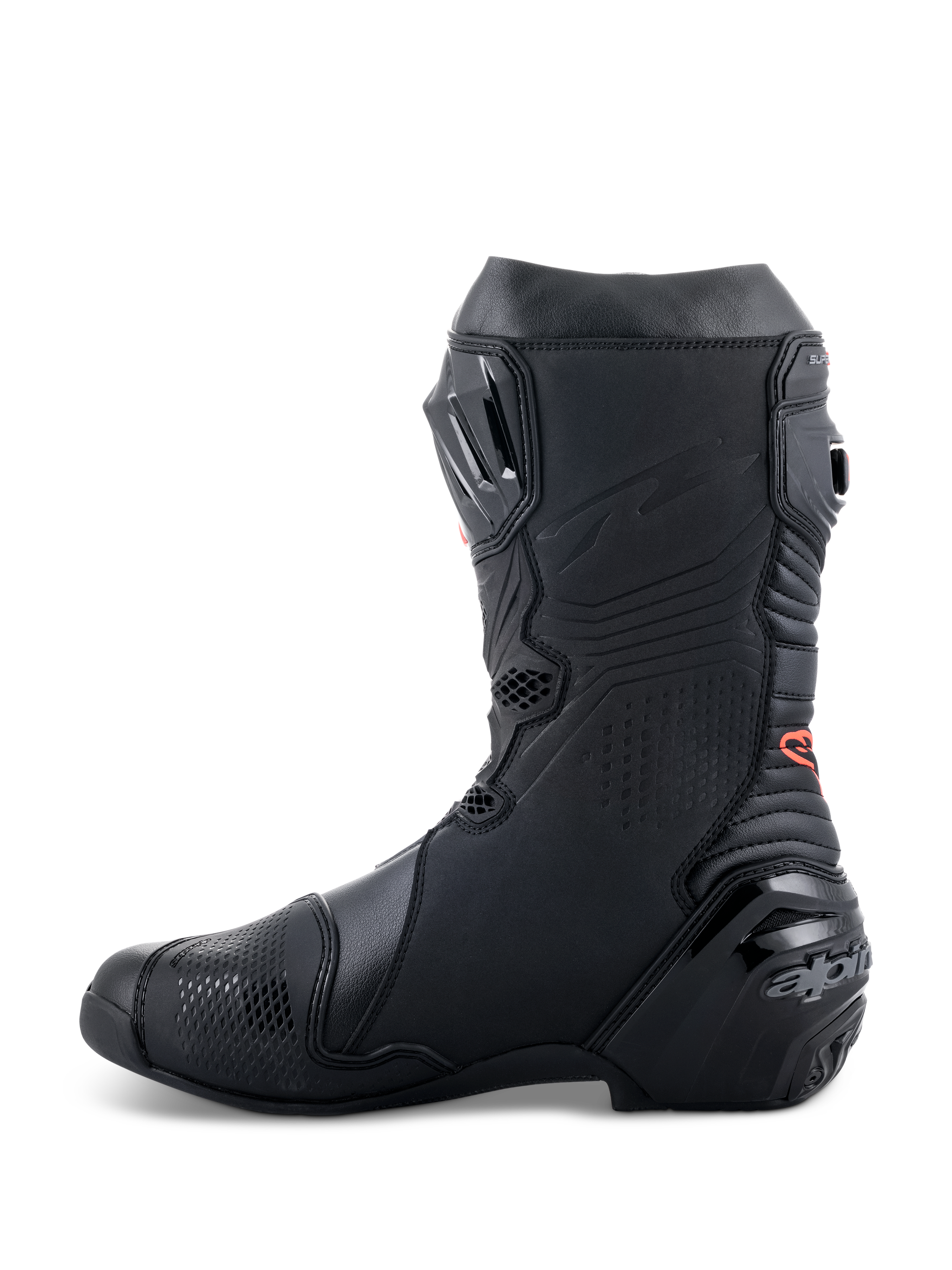 Alpinestars Supertech R Stiefel, Hochleistungs-Motorrad-Rennstiefel, elegantes, komplett schwarzes Design mit rotem Logo-Detail, Seitenprofil mit verstärkter Ferse und TPU-Schutzpaneelen