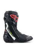 Alpinestars Supertech R Stiefel, Hochleistungs-Motorradrennstiefel in Schwarz mit weißen, fluo-roten und fluo-gelben Akzenten, mit einer schützenden TPU-Schienbeinplatte mit rotem Logo, austauschbarem Zehenschleifer und schlankem aerodynamischem Profil.