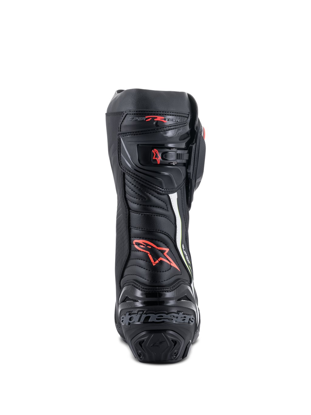 Alpinestars Supertech R Stiefel, Hochleistungs-Rennmotorradstiefel, Rückansicht in Schwarz mit roten und neongelben Akzenten, TPU-Fersenschutz, mikroverstellbarer Ratschenverschluss und charakteristisches Branding.
