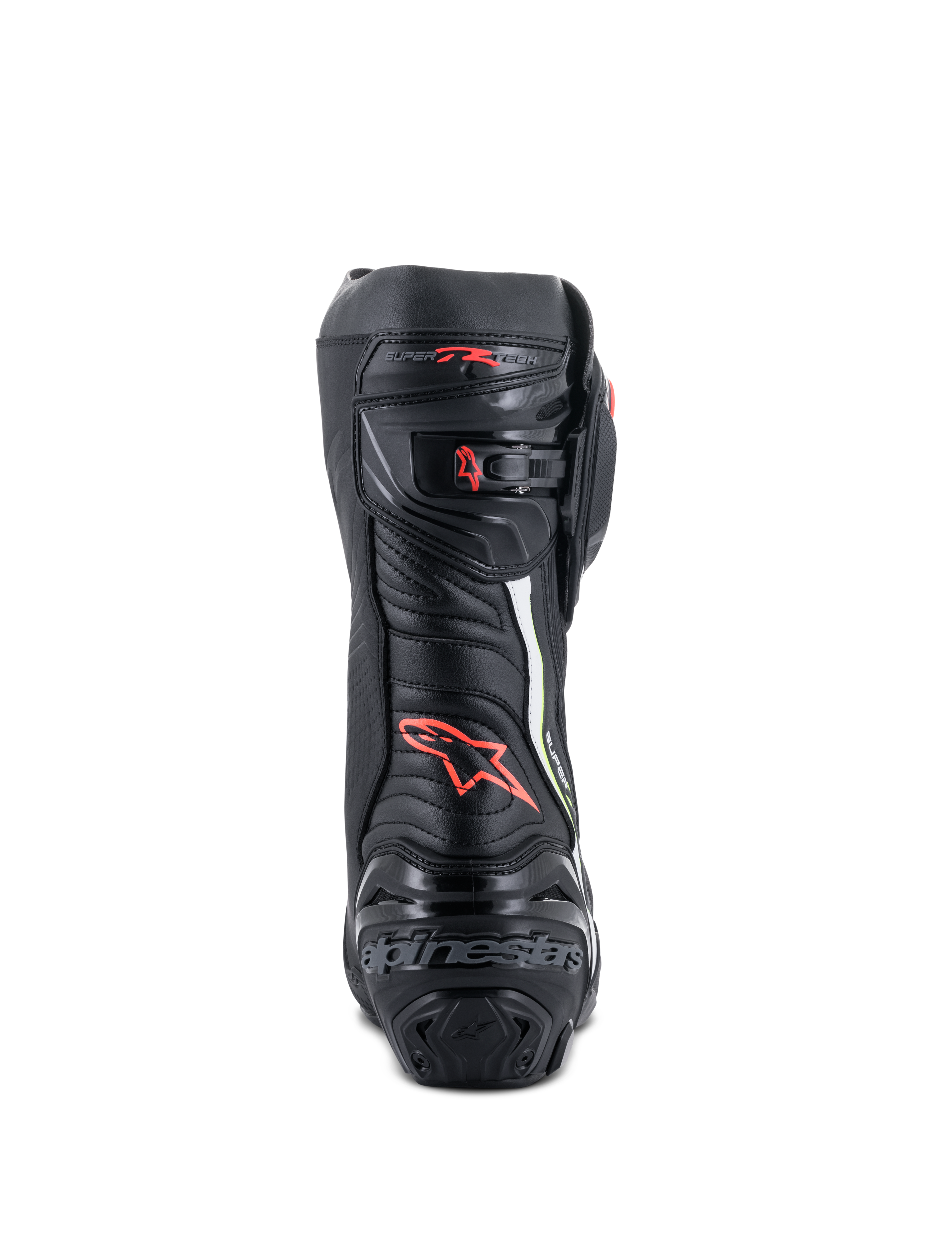 Alpinestars Supertech R Stiefel, Hochleistungs-Rennmotorradstiefel, Rückansicht in Schwarz mit roten und neongelben Akzenten, TPU-Fersenschutz, mikroverstellbarer Ratschenverschluss und charakteristisches Branding.