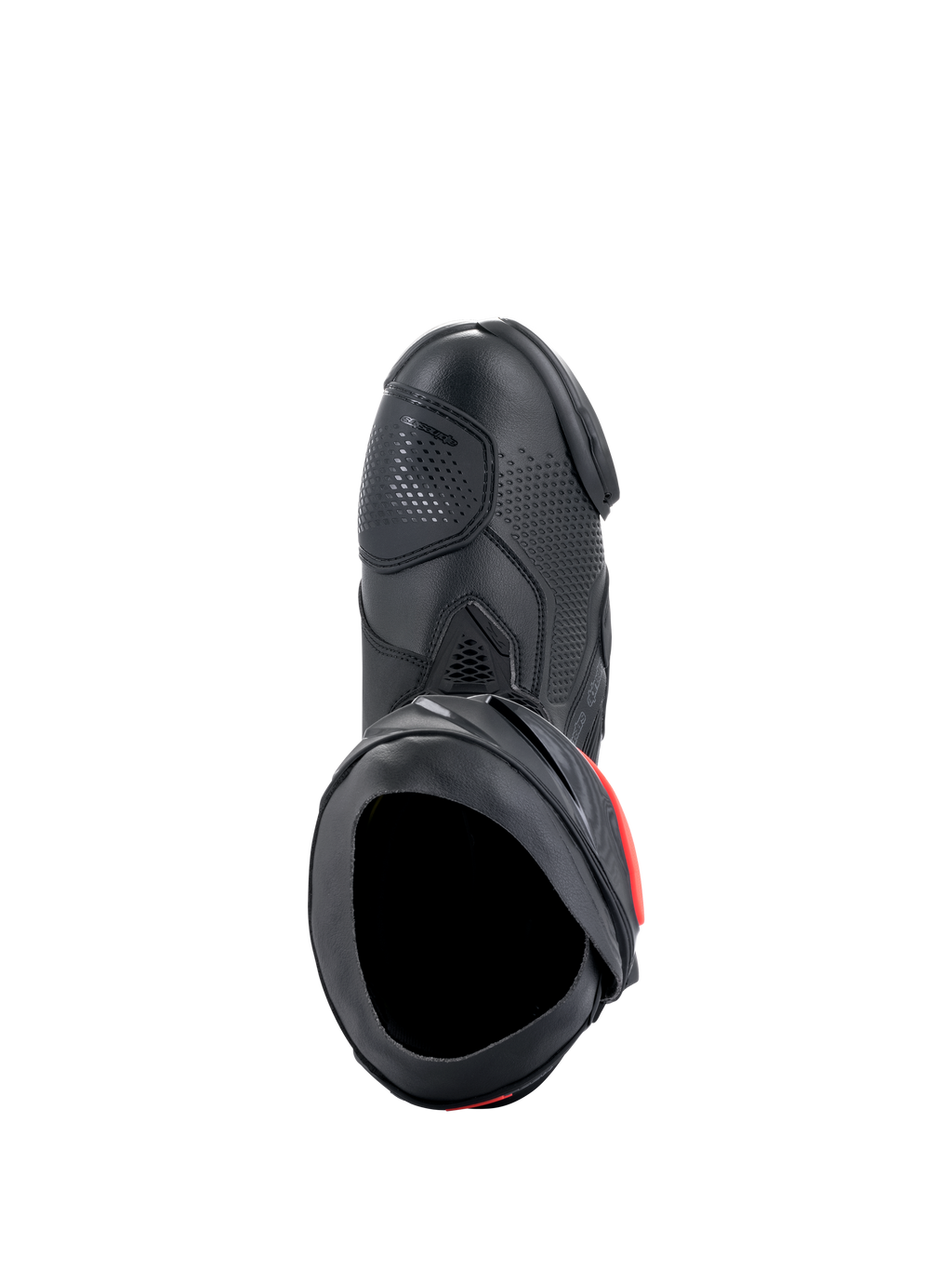 Alpinestars Supertech R Stiefel, Performance-Motorradrennstiefel, Schwarz mit roten Akzenten, Draufsicht mit Mikrofaser-Obermaterial, perforierter Textur, TPU-Schaltzone und sicherer Einstiegsöffnung