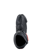 Alpinestars Supertech R Stiefel, Performance-Motorradrennstiefel, Schwarz mit roten Akzenten, Draufsicht mit Mikrofaser-Obermaterial, perforierter Textur, TPU-Schaltzone und sicherer Einstiegsöffnung