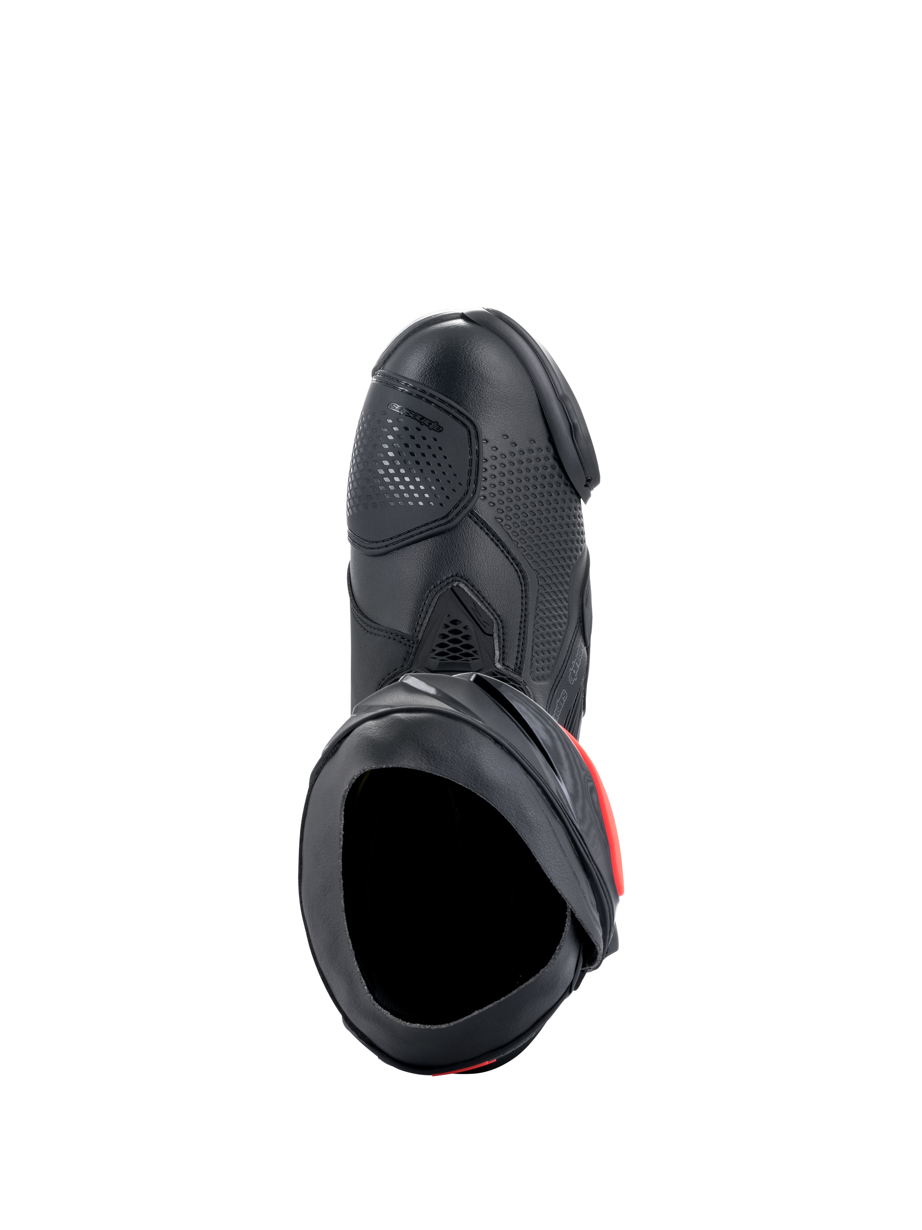 Alpinestars Supertech R Stiefel, Performance-Motorradrennstiefel, Schwarz mit roten Akzenten, Draufsicht mit Mikrofaser-Obermaterial, perforierter Textur, TPU-Schaltzone und sicherer Einstiegsöffnung