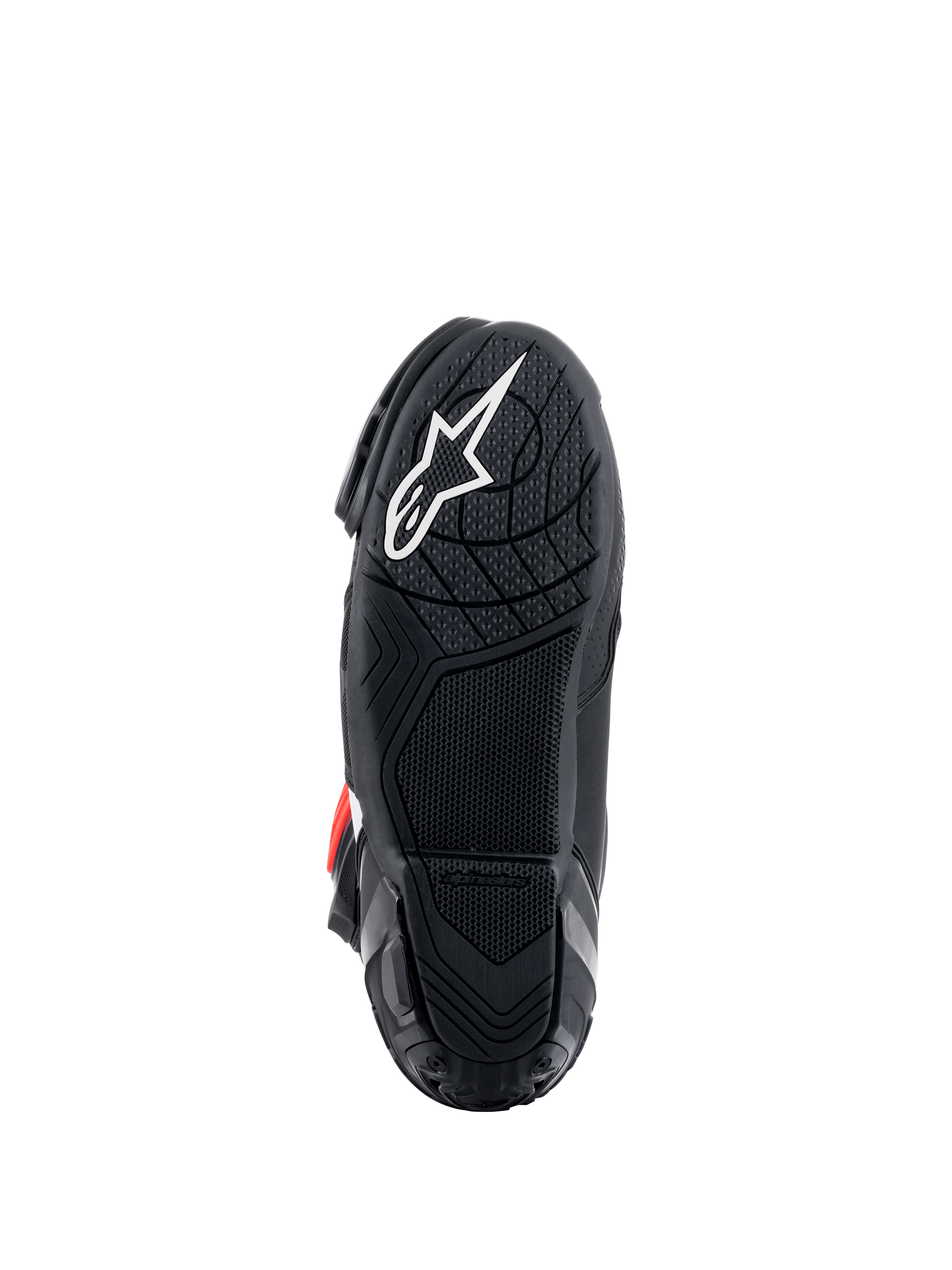 Alpinestars Supertech R Stiefel, Sohlenansicht, schwarze leichte Gummimischung mit texturiertem Profilmuster, weißes Alpinestars-Sternlogo, Hochleistungs-Motorradrennstiefel