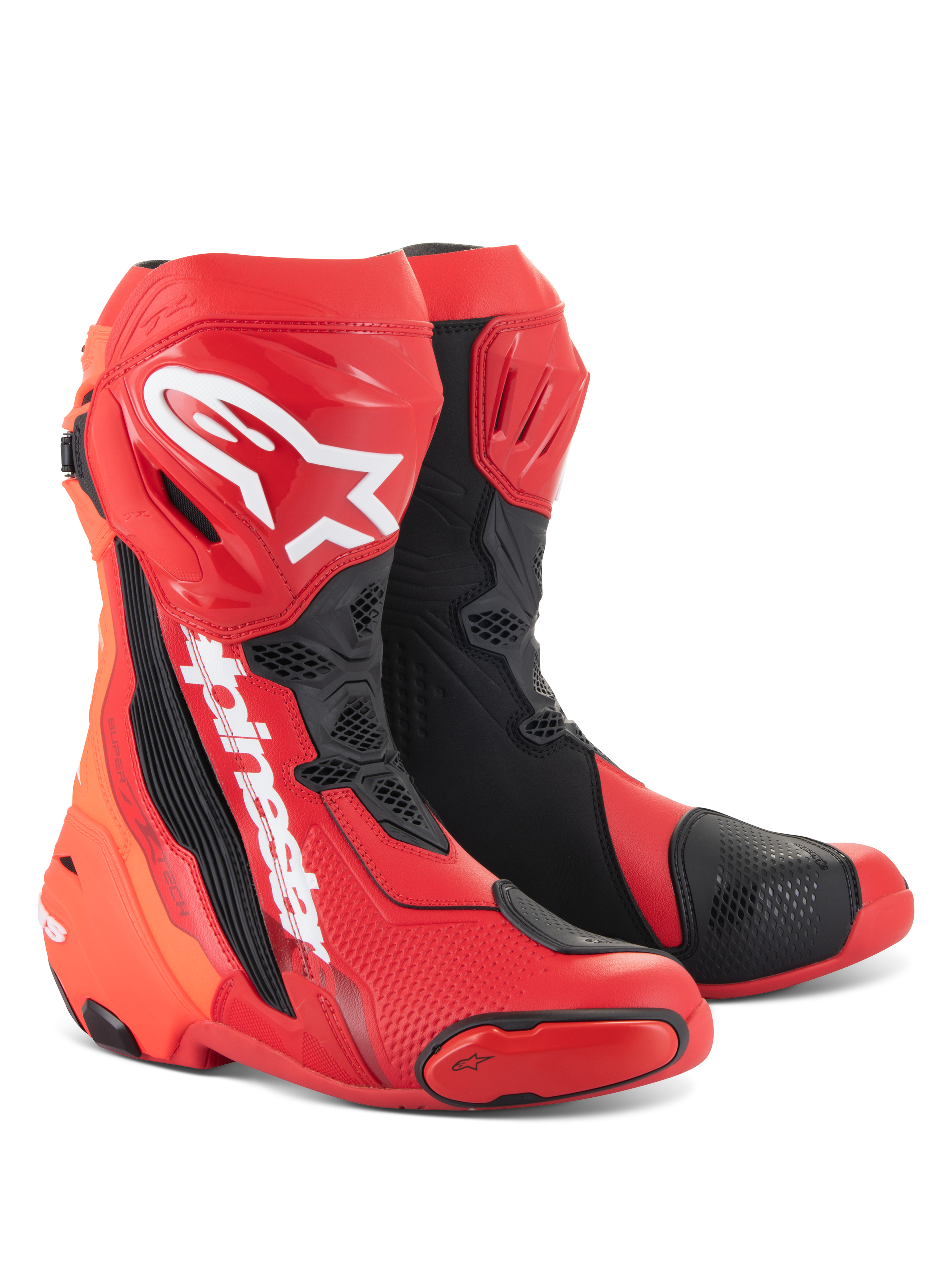 Alpinestars Supertech R Stiefel, Motorrad-Rennstiefel, Hellrot und Leuchtrot mit schwarzen und weißen Akzenten, weiße Alpinestars-Logos am Schienbein, verstärkte Schutzplatten und austauschbare Zehenschleifer, Hochleistungsschuhwerk für Sport und Rennsport