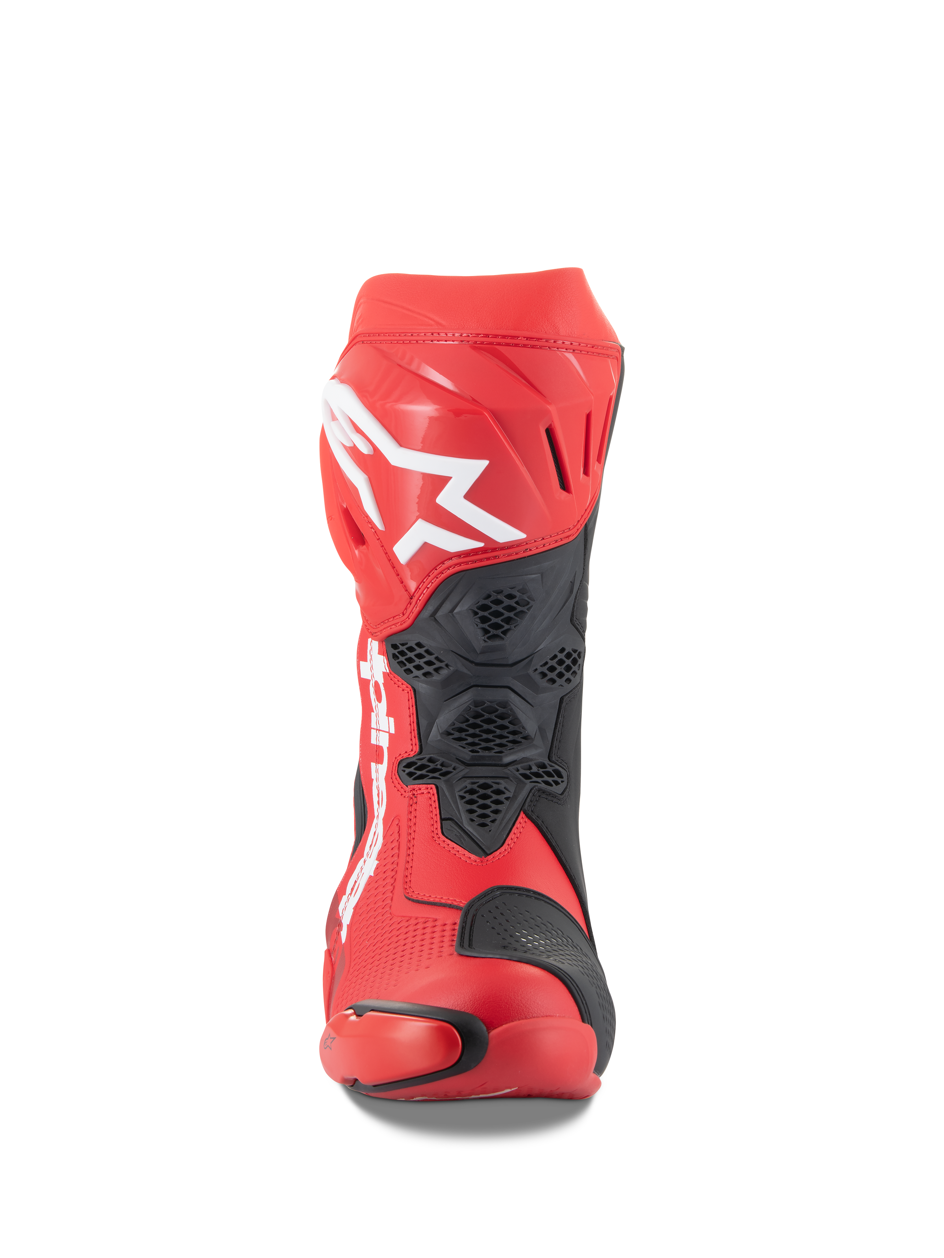 Alpinestars Supertech R Stiefel, Hellrot und Red Fluo, Vorderansicht mit großem weißem Astars-Logo auf der Schienbeinplatte, schwarzen Mesh-Belüftungseinsätzen und technischem Racing-Design für Motorrad-Performance auf der Rennstrecke
