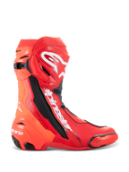 Alpinestars Supertech R Stiefel, Motorrad-Rennstiefel, Hellrot und Rot Fluo, High-Performance-Design für die Rennstrecke mit TPU-Schienbeinplatte, austauschbarem Zehenschleifer und weißem Alpinestars-Logo, Seitenansicht