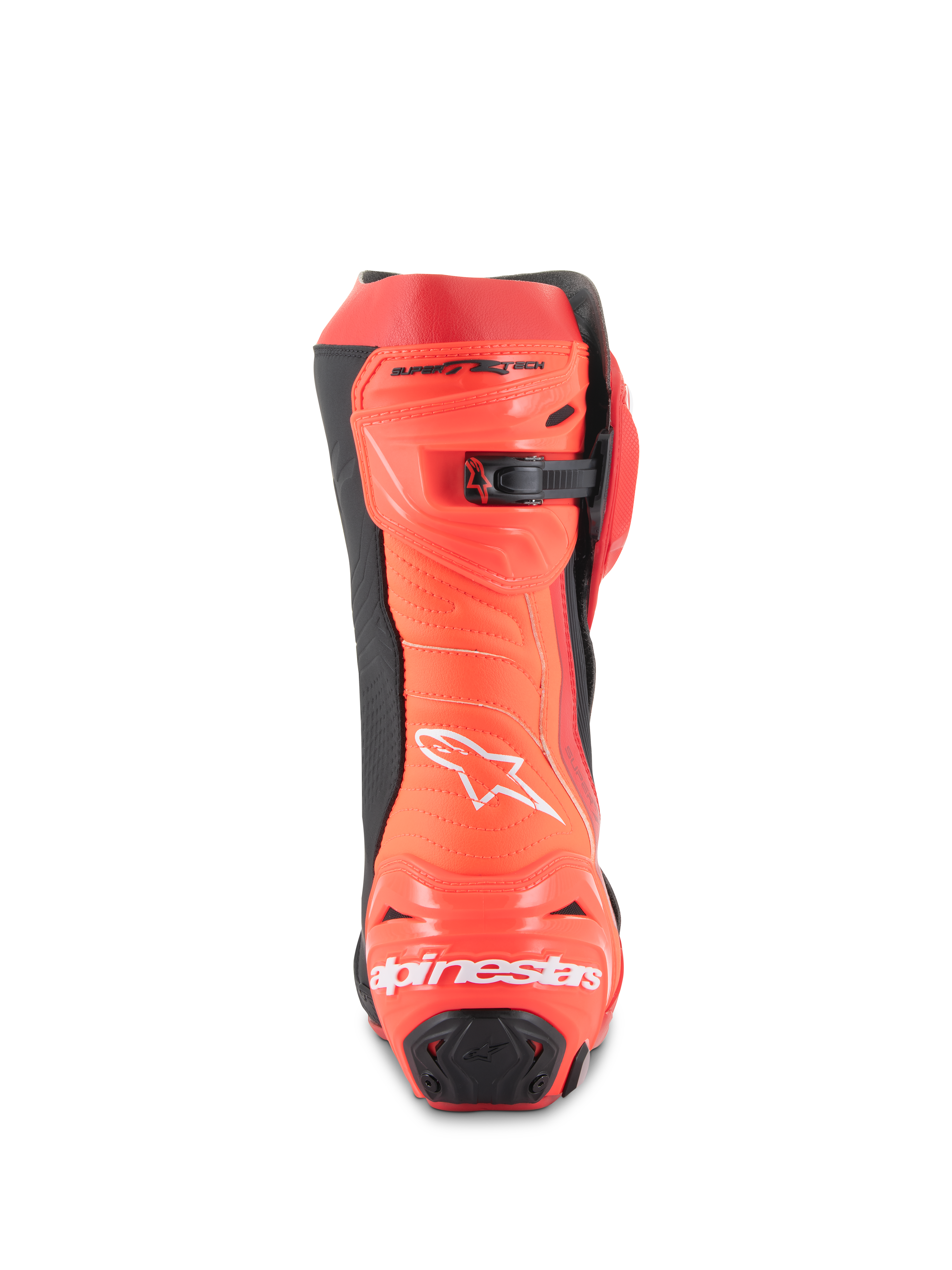 Alpinestars Supertech R Stiefel, Motorrad-Rennstiefel, Hellrot und Rot Fluo, Rückansicht mit Fersenschutz, weißem Branding, schwarzen Akzenten und mikroverstellbarem Ratschenverschluss an der Wade.