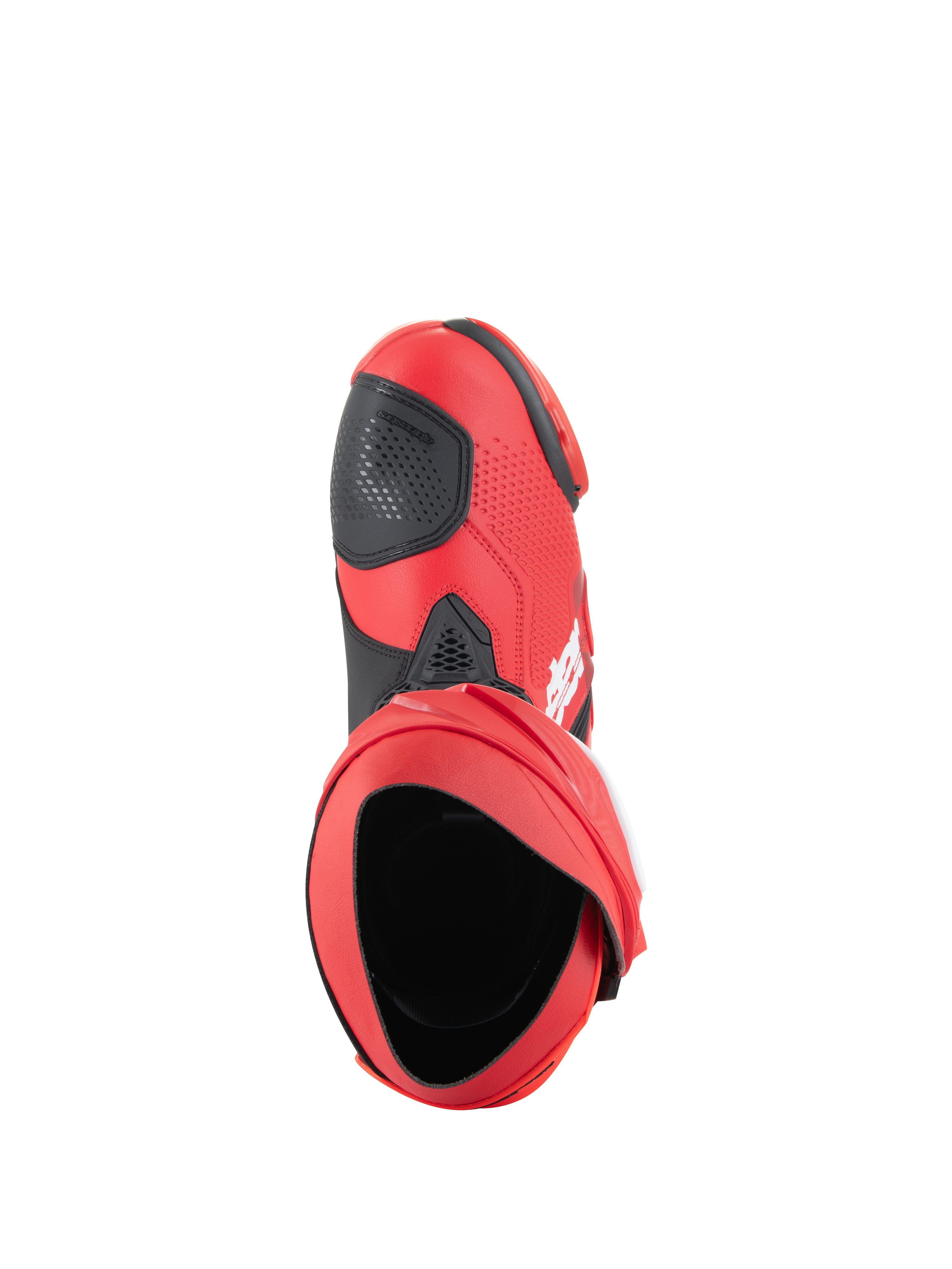 Alpinestars Supertech R Stiefel, Motorrad-Rennstiefel, Hellrot und Red Fluo, Draufsicht mit Darstellung der Innenöffnung und des schwarzen Schaltpads, schlankes Performance-Design für Rennstrecke und Straße