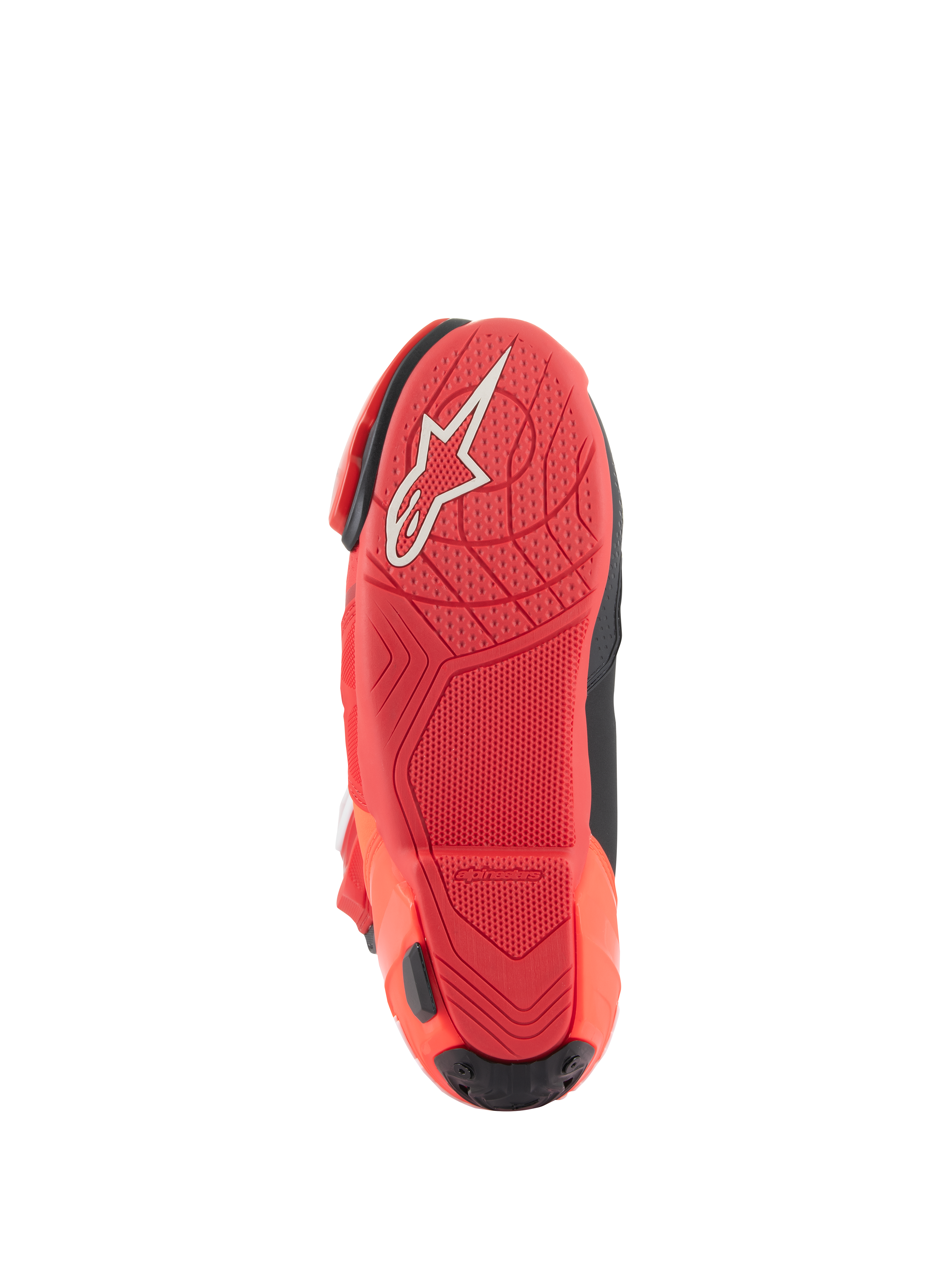 Alpinestars Supertech R Stiefel, Motorrad-Rennstiefel, Bright Red Red Fluo, Sohlenansicht mit strukturiertem Profilmuster und weißem Alpinestars-Logo