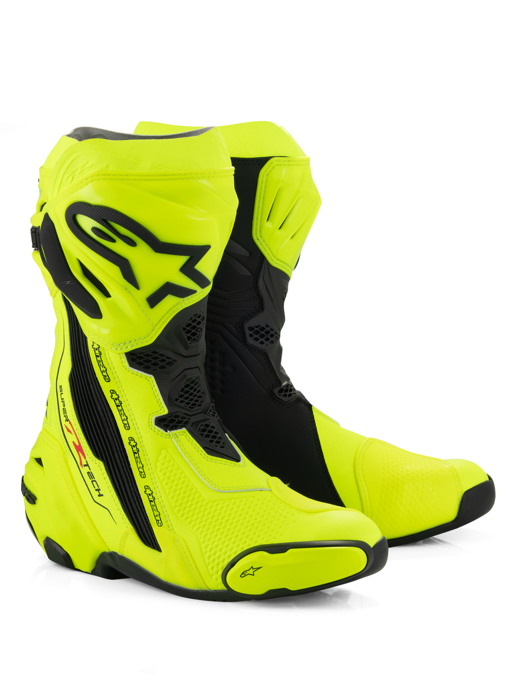 Bottes Alpinestars Supertech R, bottes de course moto, jaune fluo et noir, dotées d'une plaque protège-tibia avec logo Alpinestars, de panneaux en accordéon flexibles et de sliders d'orteils renforcés sur fond blanc