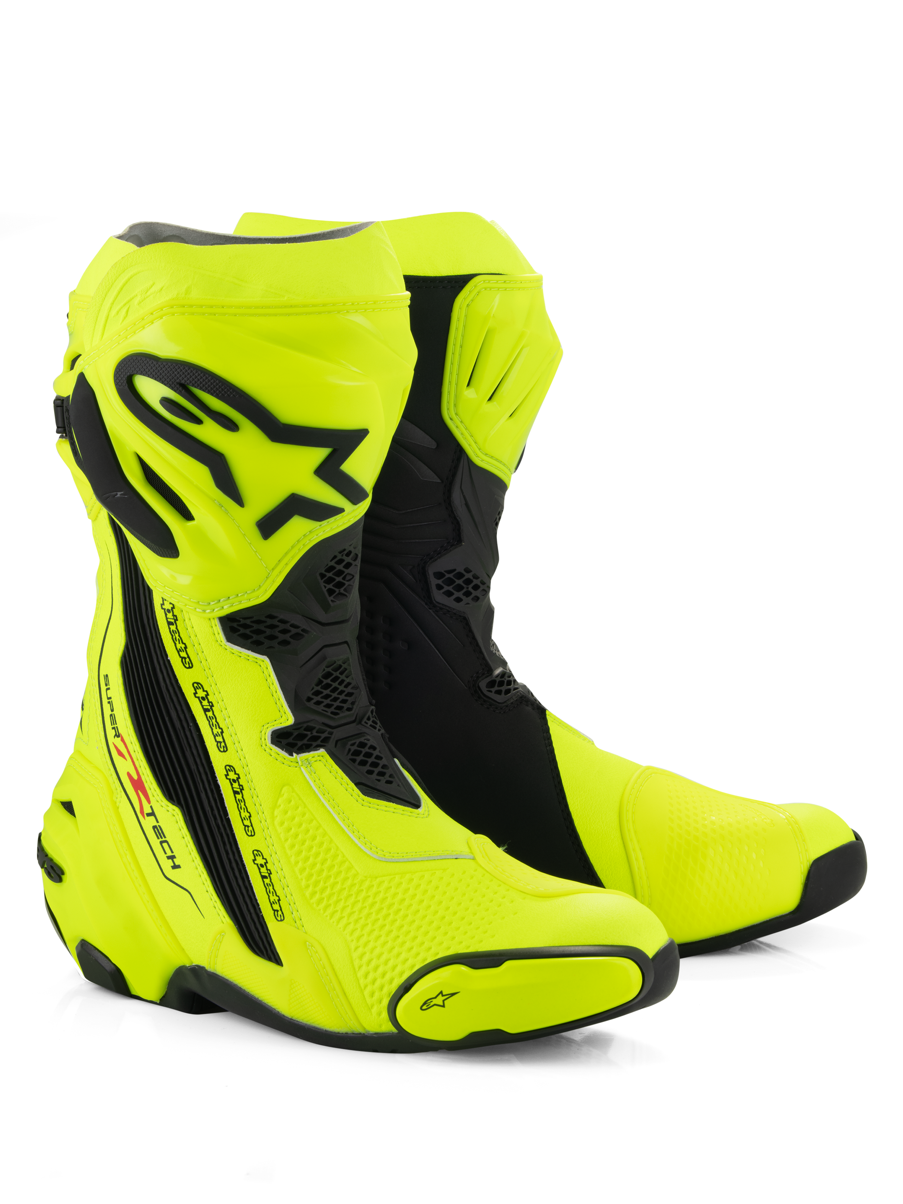 Bottes Alpinestars Supertech R, bottes de course moto, jaune fluo et noir, dotées d'une plaque protège-tibia avec logo Alpinestars, de panneaux en accordéon flexibles et de sliders d'orteils renforcés sur fond blanc
