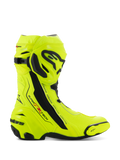 Bottes Alpinestars Supertech R, bottes de course moto, jaune fluo et noir, vue latérale présentant un jaune fluorescent haute visibilité avec des plaques de protection noires, logo Alpinestars sur le tibia et le talon, profil aérodynamique épuré pour une conduite haute performance