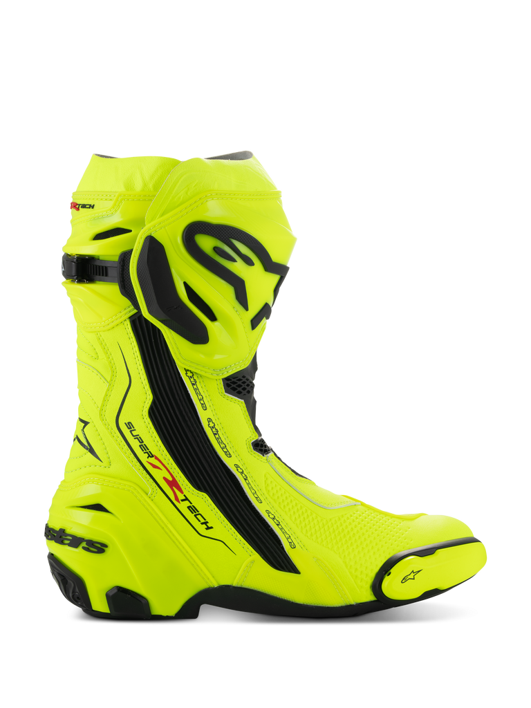 Alpinestars Supertech R Boots, Motorcycle Racing Boots, Yellow Fluo Black, side view featuring high-visibility fluorescent yellow with black protective plates, Alpinestars branding on shin and heel, sleek aerodynamic profile for high-performance riding