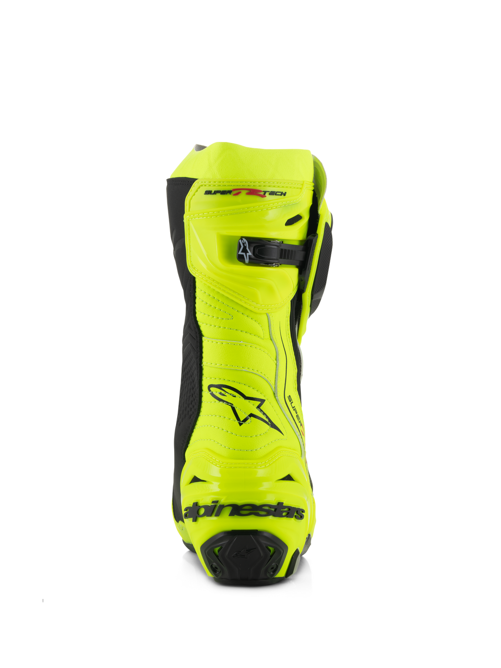 Bottes Alpinestars Supertech R, bottes de course de moto, jaune fluo et noir, vue arrière présentant une protection de talon renforcée, une fermeture réglable au mollet et un marquage distinctif, finition fluorescente haute visibilité pour la performance sur piste et sur route