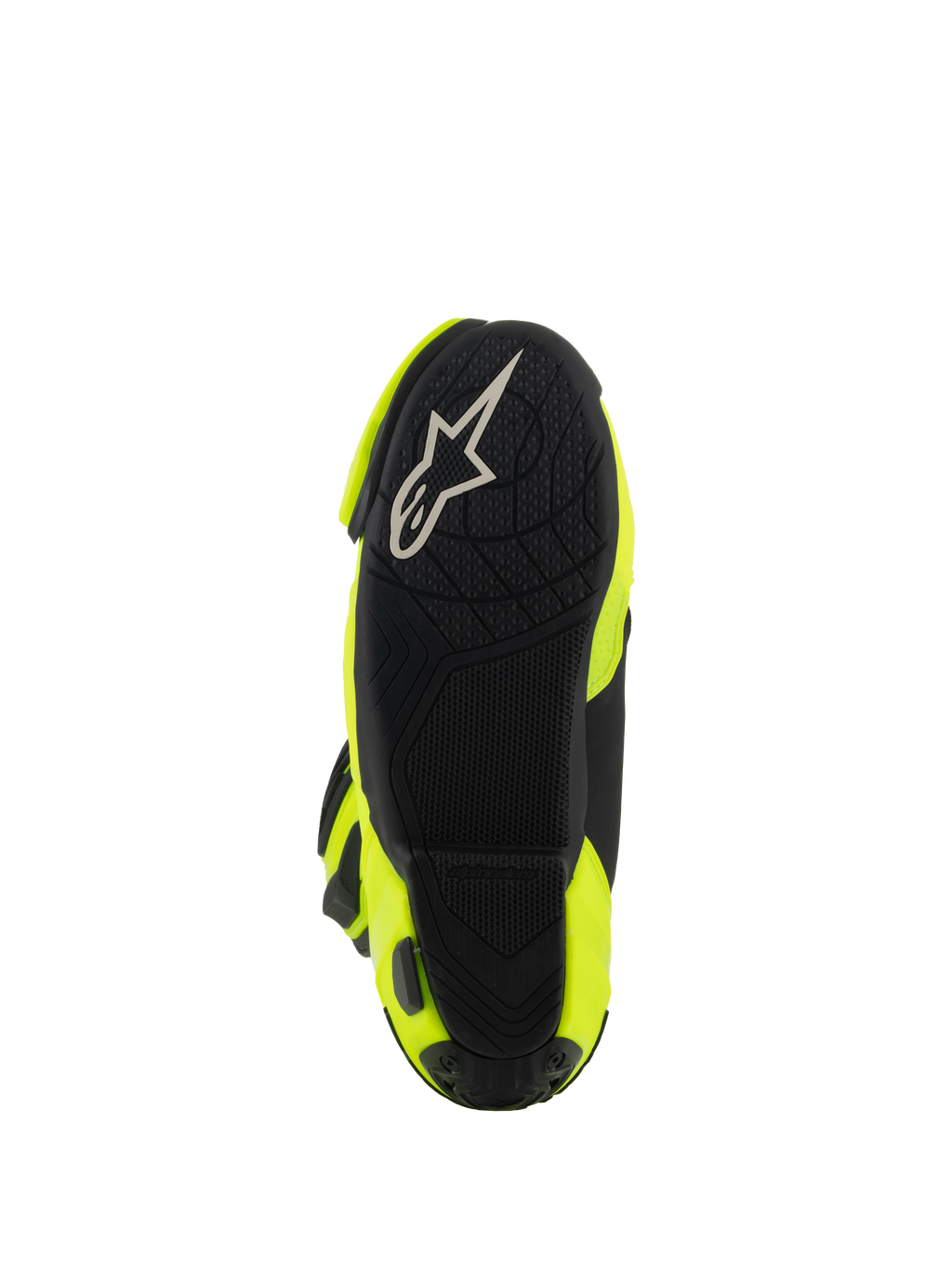 Bottes Alpinestars Supertech R, bottes de moto racing, jaune fluo et noir, vue de dessous montrant une semelle texturée noire avec logo Alpinestars blanc et des panneaux latéraux jaune vif