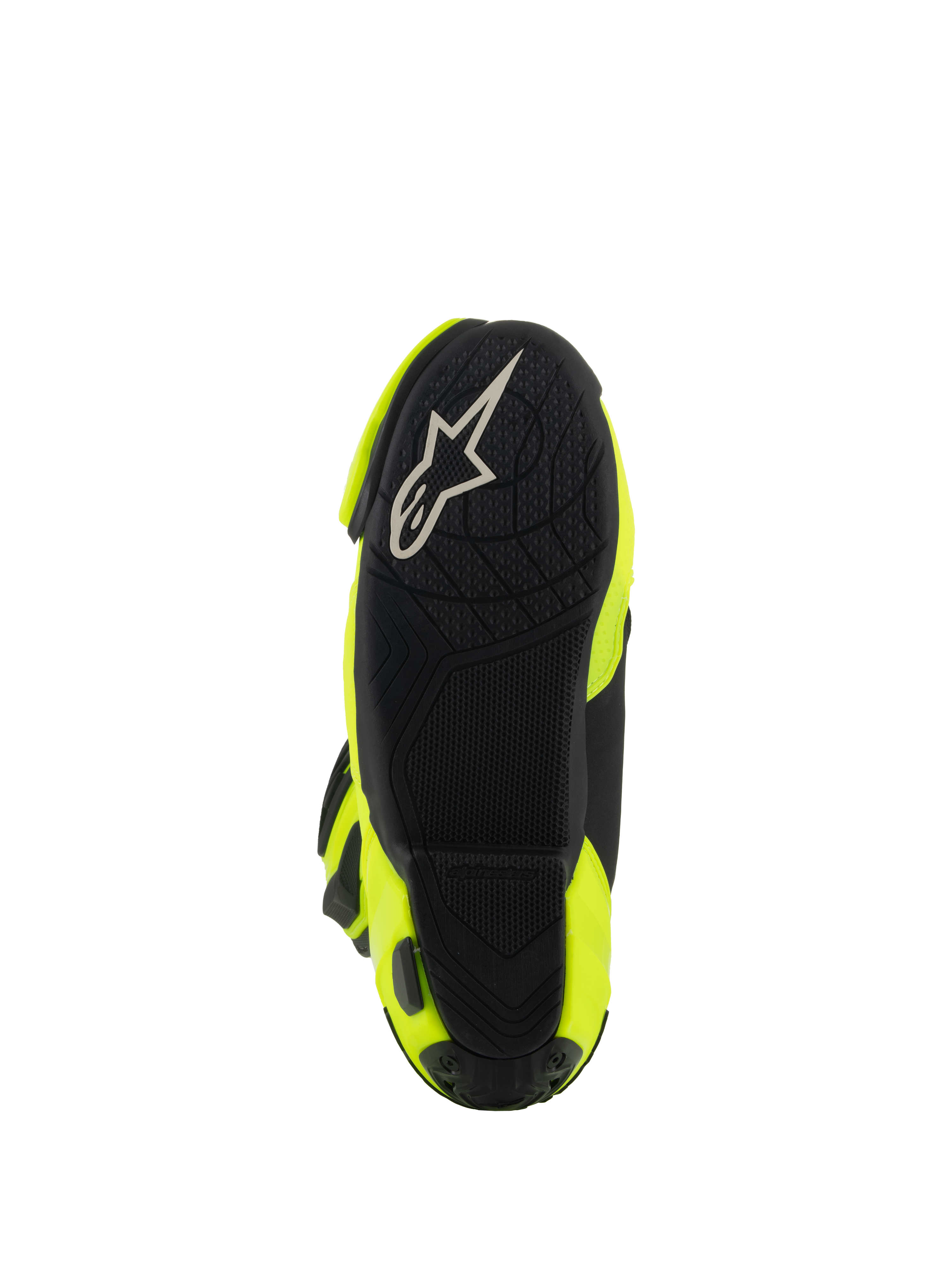 Bottes Alpinestars Supertech R, bottes de moto racing, jaune fluo et noir, vue de dessous montrant une semelle texturée noire avec logo Alpinestars blanc et des panneaux latéraux jaune vif