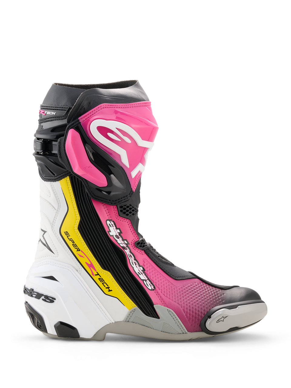 Alpinestars Supertech R Stiefel, Hochleistungs-Rennmotorradstiefel in Schwarz, Magenta, Weiß und Gelb Fluo, Seitenprofil mit TPU-Schutz, austauschbarem Zehenschleifer und ergonomischem Rennsport-Design.