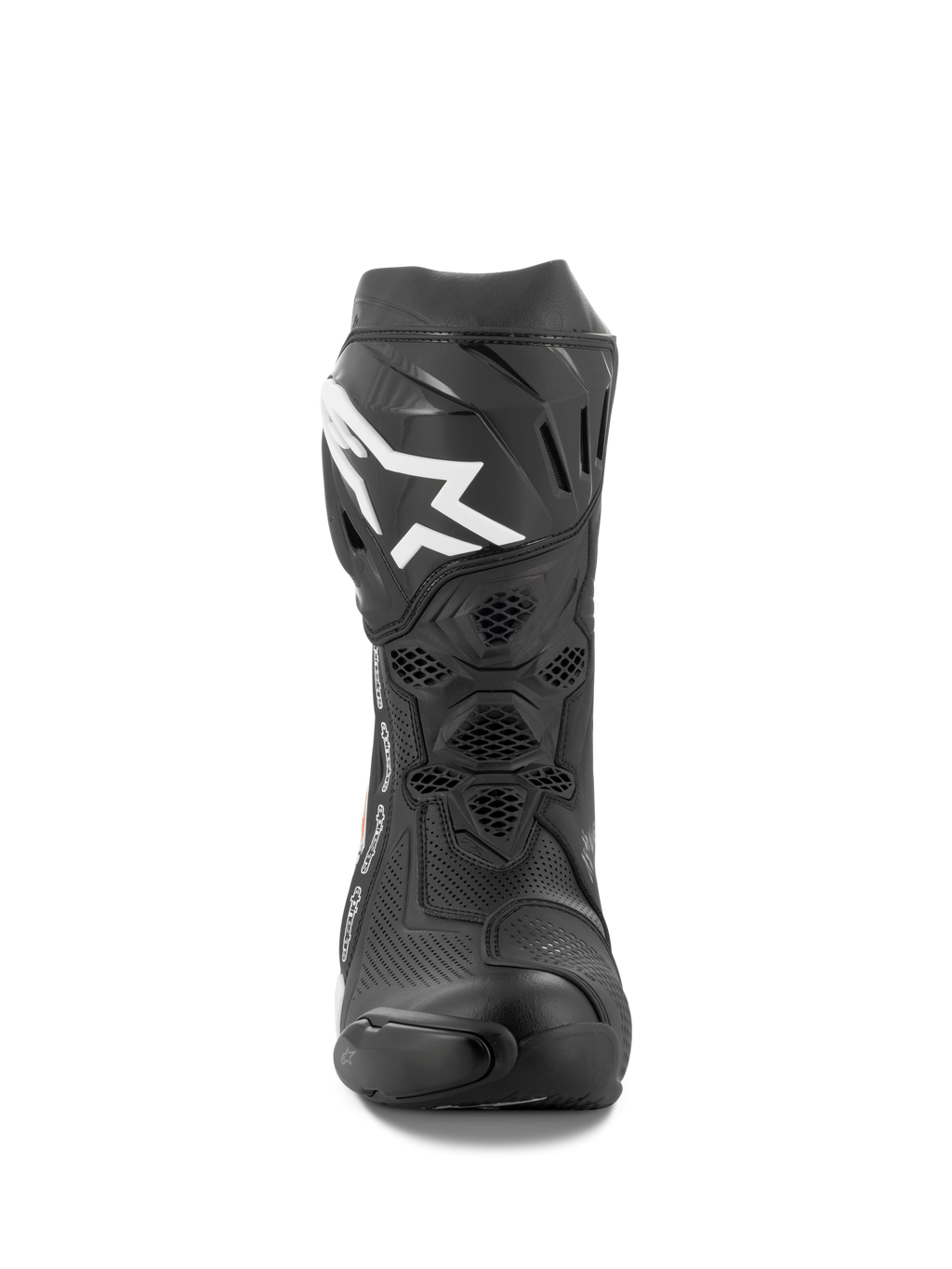 Bottes Alpinestars Supertech R Vented, bottes de course moto, noir et blanc, vue de face montrant la construction en microfibre perforée, logo Alpinestars blanc sur la plaque de tibia et protection durable en TPU